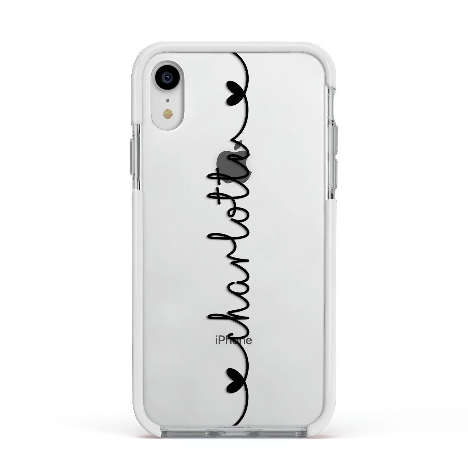 Personalised Black Handritten Name Vertical Apple iPhone XR Impact Case White Edge on Silver Phone