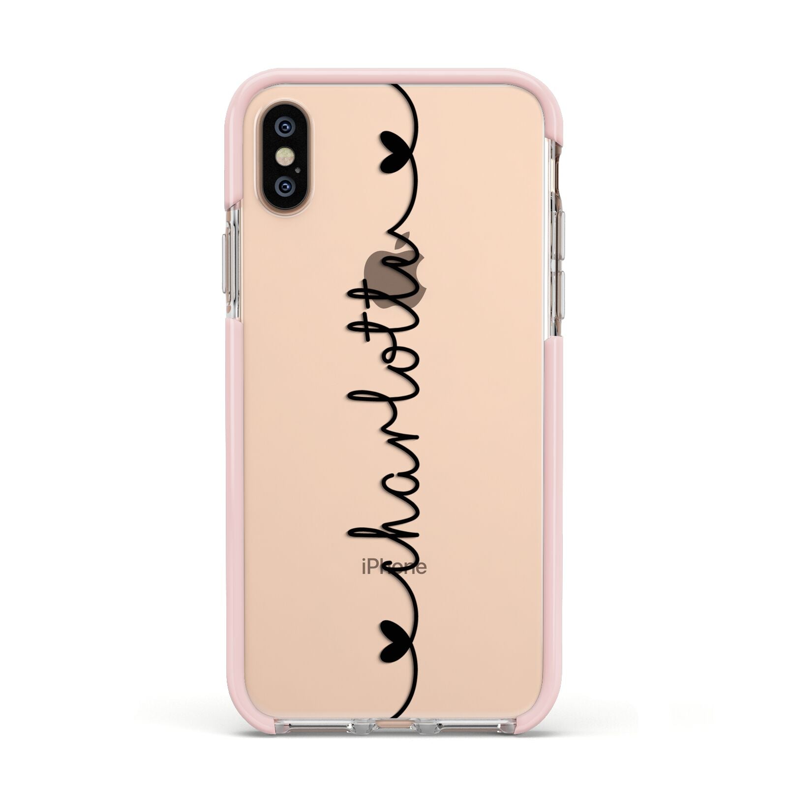 Personalised Black Handritten Name Vertical Apple iPhone Xs Impact Case Pink Edge on Gold Phone