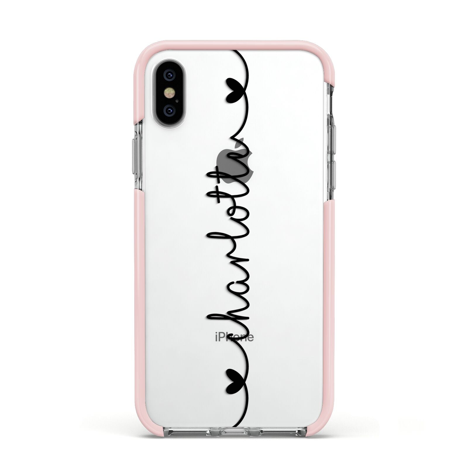 Personalised Black Handritten Name Vertical Apple iPhone Xs Impact Case Pink Edge on Silver Phone