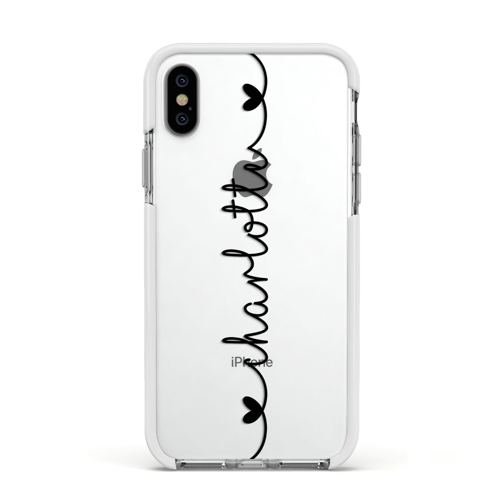 Personalised Black Handritten Name Vertical Apple iPhone Xs Impact Case White Edge on Silver Phone