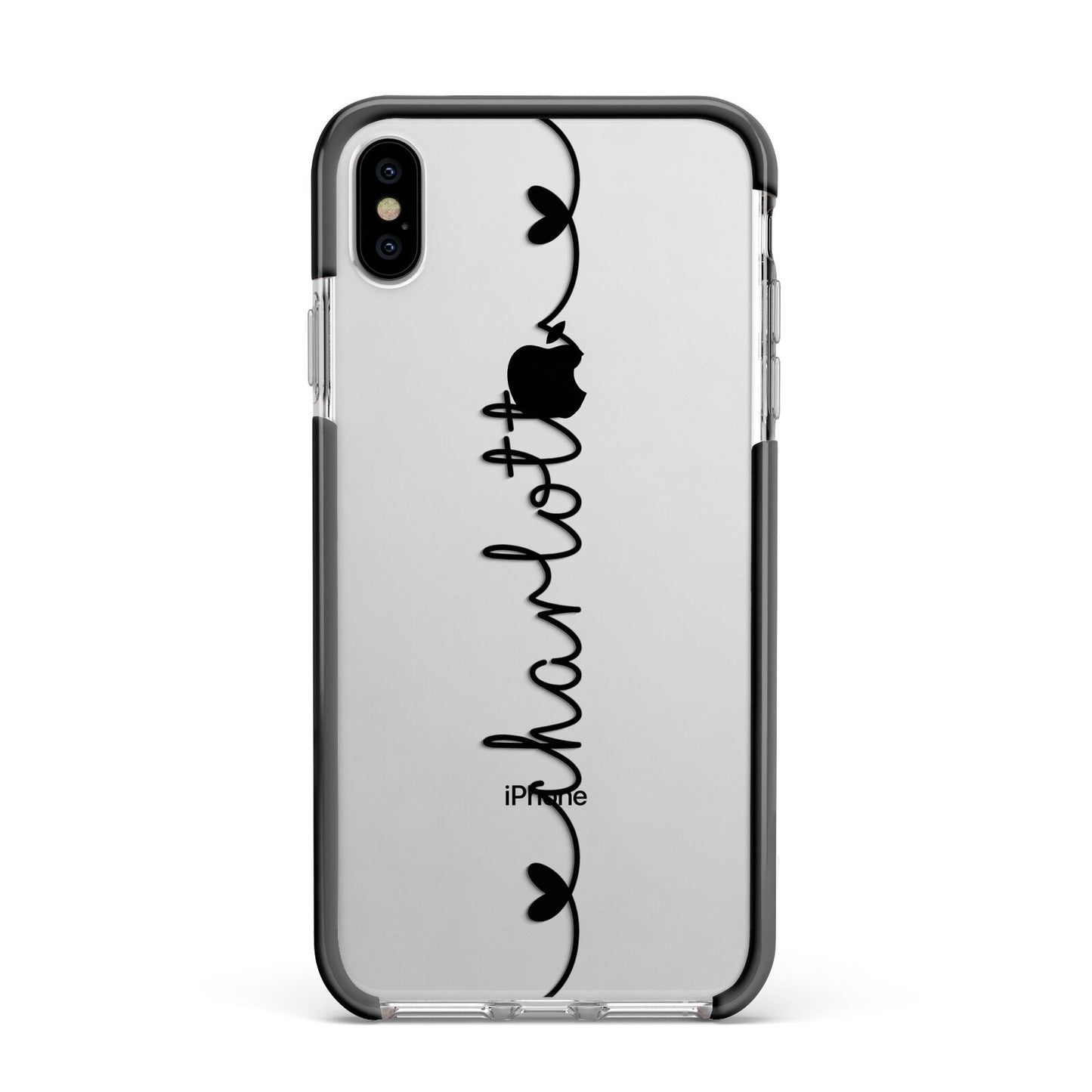 Personalised Black Handritten Name Vertical Apple iPhone Xs Max Impact Case Black Edge on Silver Phone