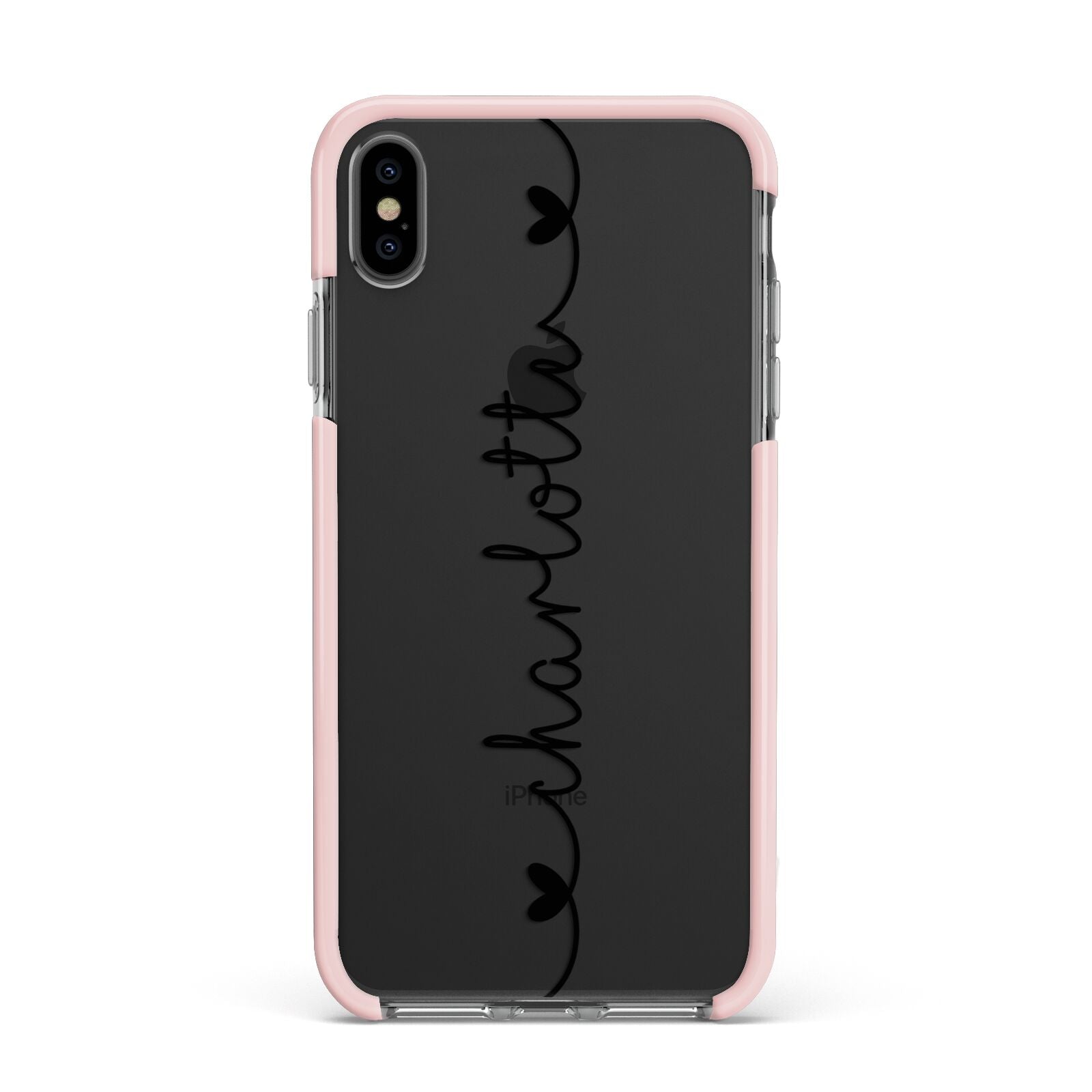 Personalised Black Handritten Name Vertical Apple iPhone Xs Max Impact Case Pink Edge on Black Phone