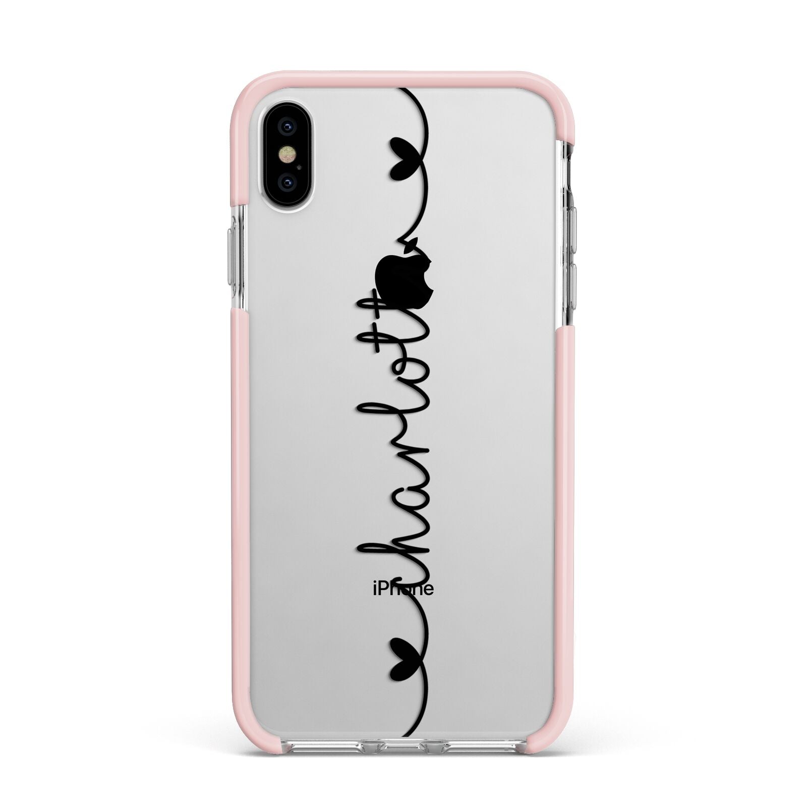 Personalised Black Handritten Name Vertical Apple iPhone Xs Max Impact Case Pink Edge on Silver Phone