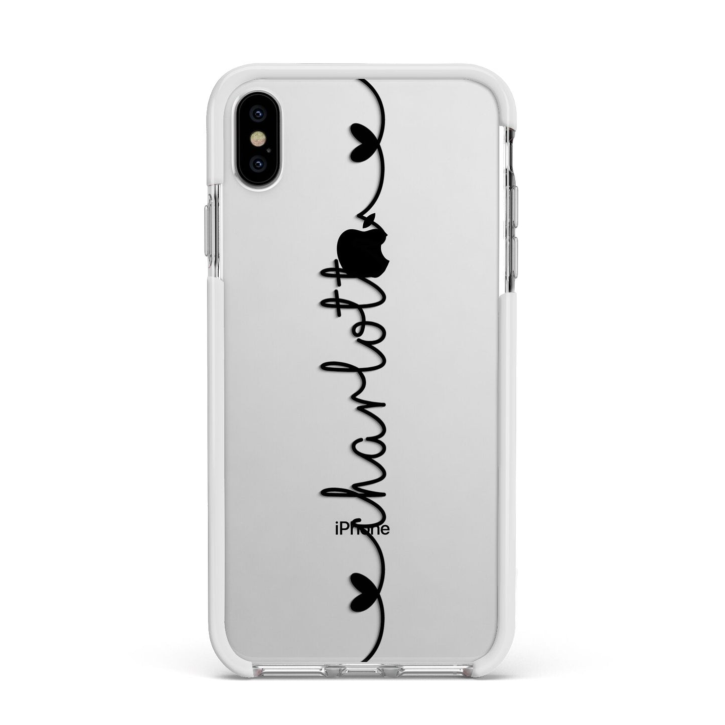 Personalised Black Handritten Name Vertical Apple iPhone Xs Max Impact Case White Edge on Silver Phone
