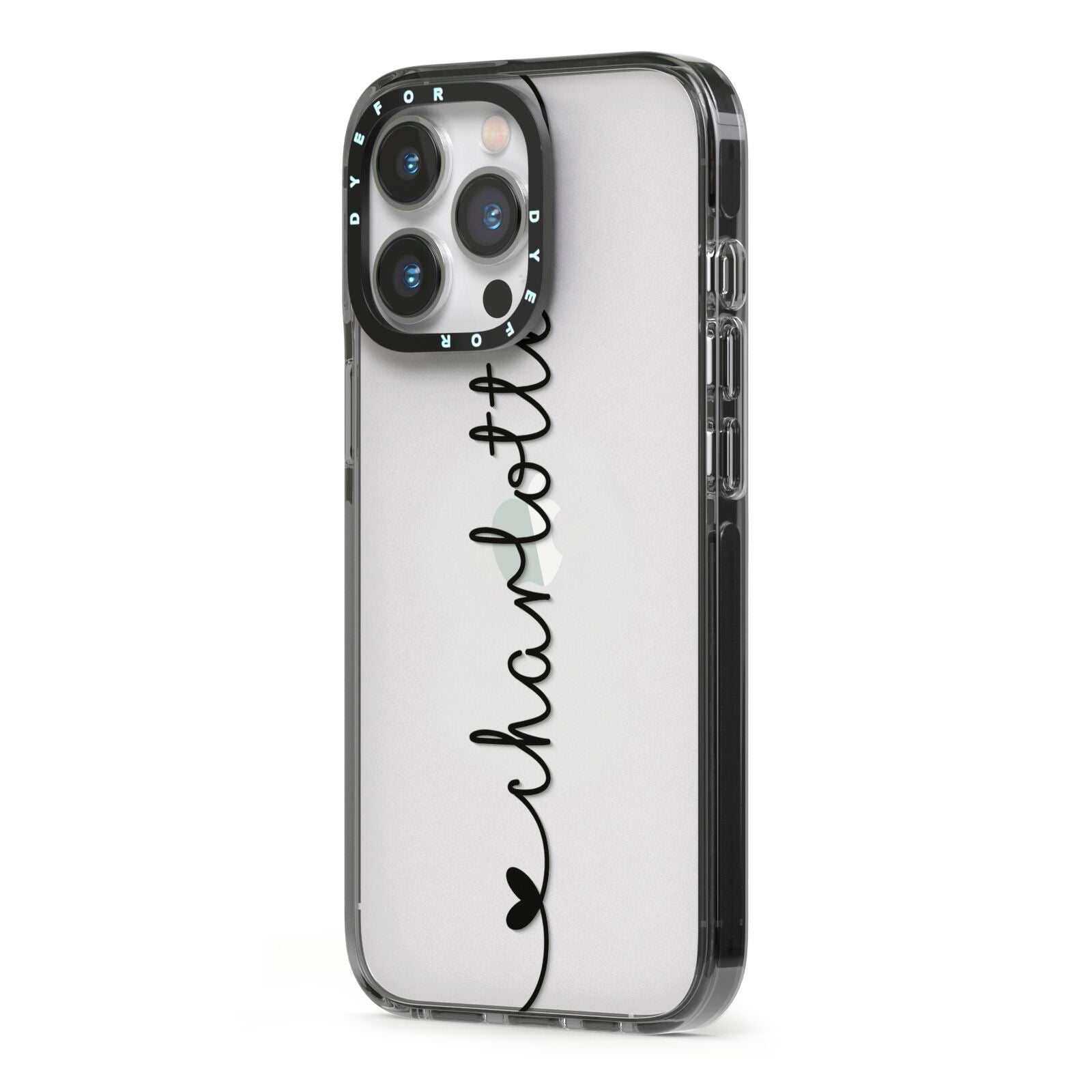 Personalised Black Handritten Name Vertical iPhone 13 Pro Black Impact Case Side Angle on Silver phone