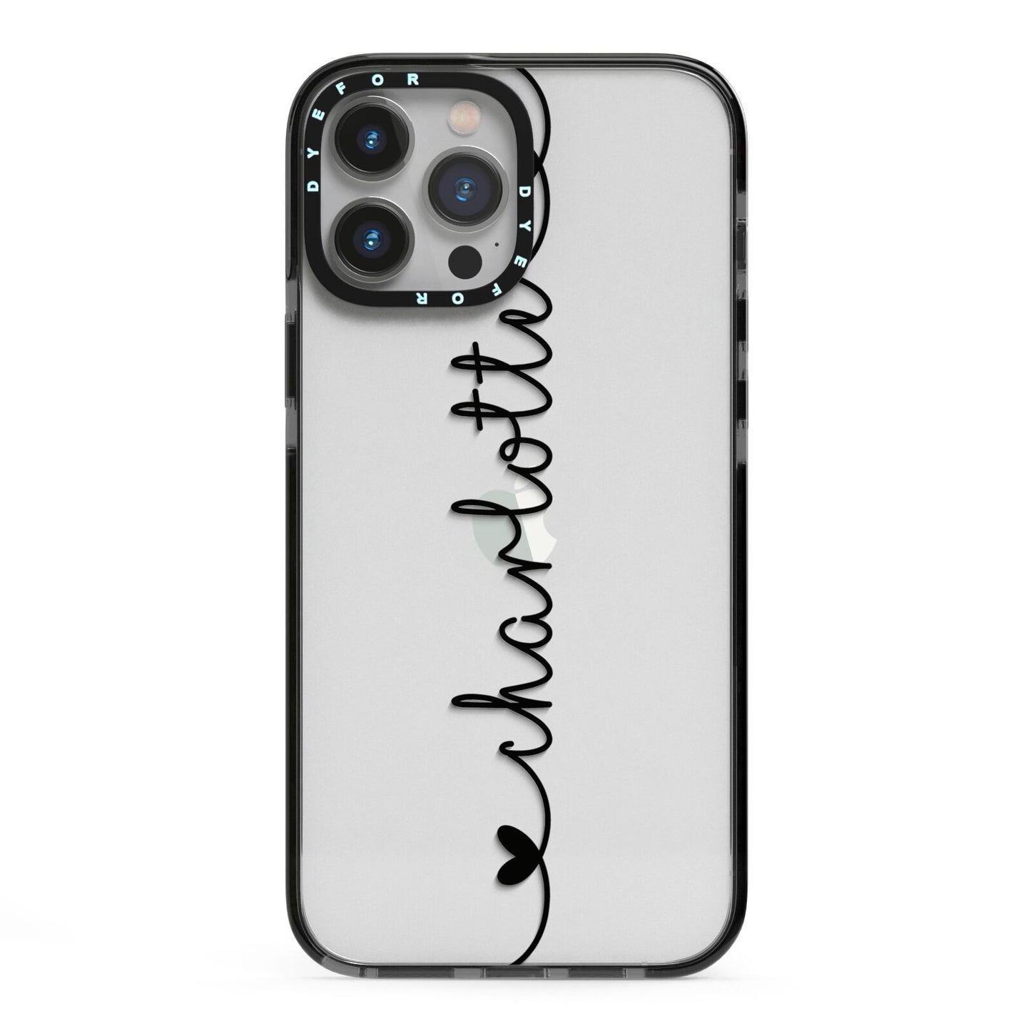 Personalised Black Handritten Name Vertical iPhone 13 Pro Max Black Impact Case on Silver phone