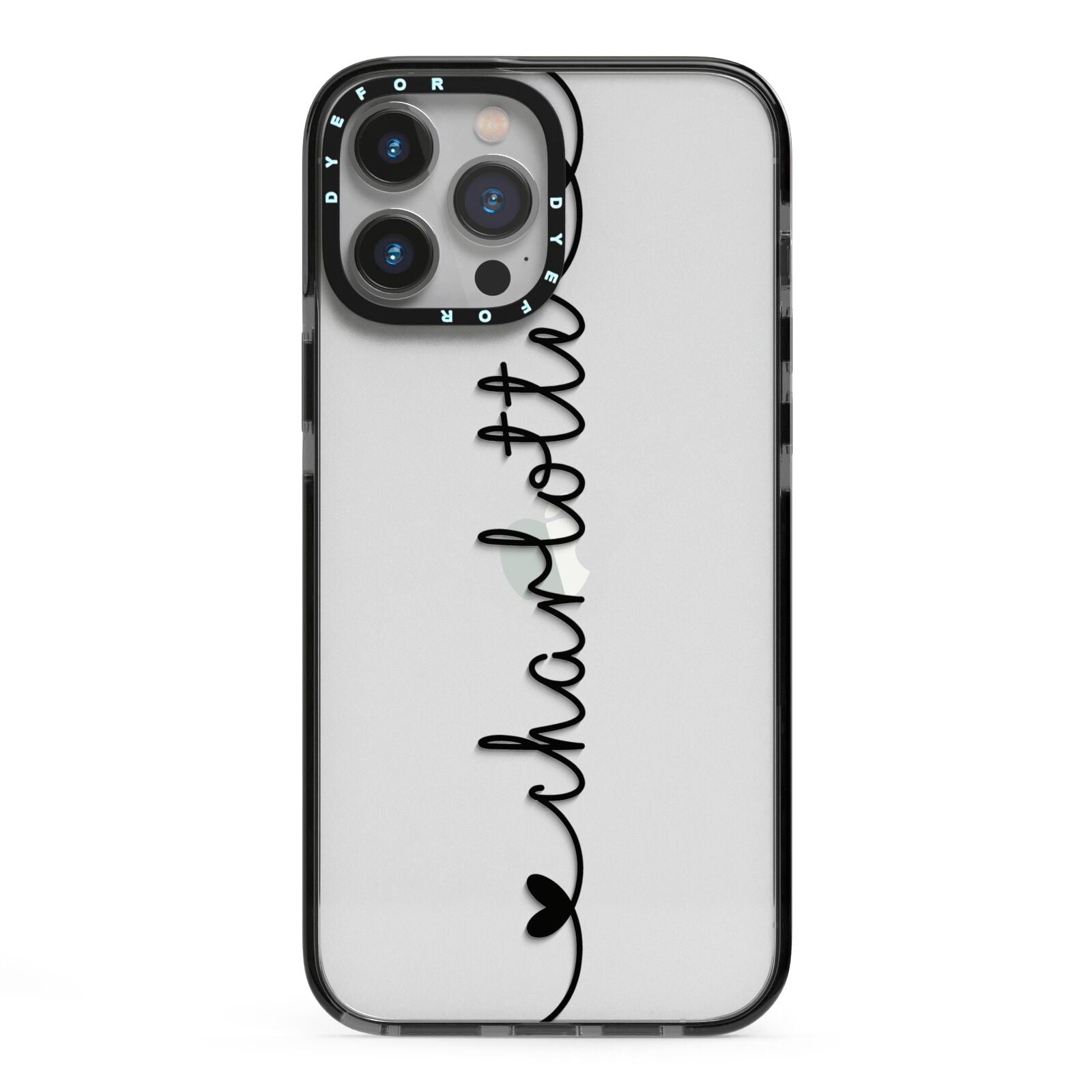 Personalised Black Handritten Name Vertical iPhone 13 Pro Max Black Impact Case on Silver phone