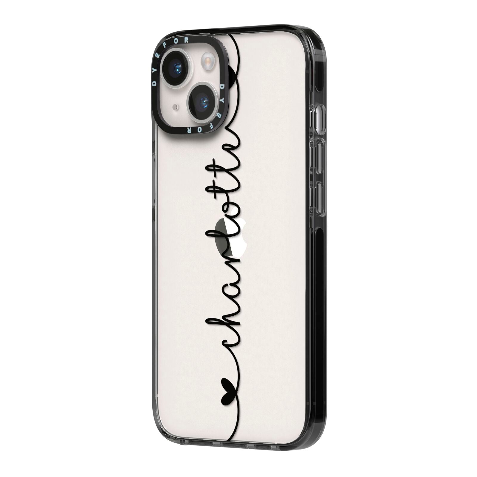 Personalised Black Handritten Name Vertical iPhone 14 Black Impact Case Side Angle on Silver phone