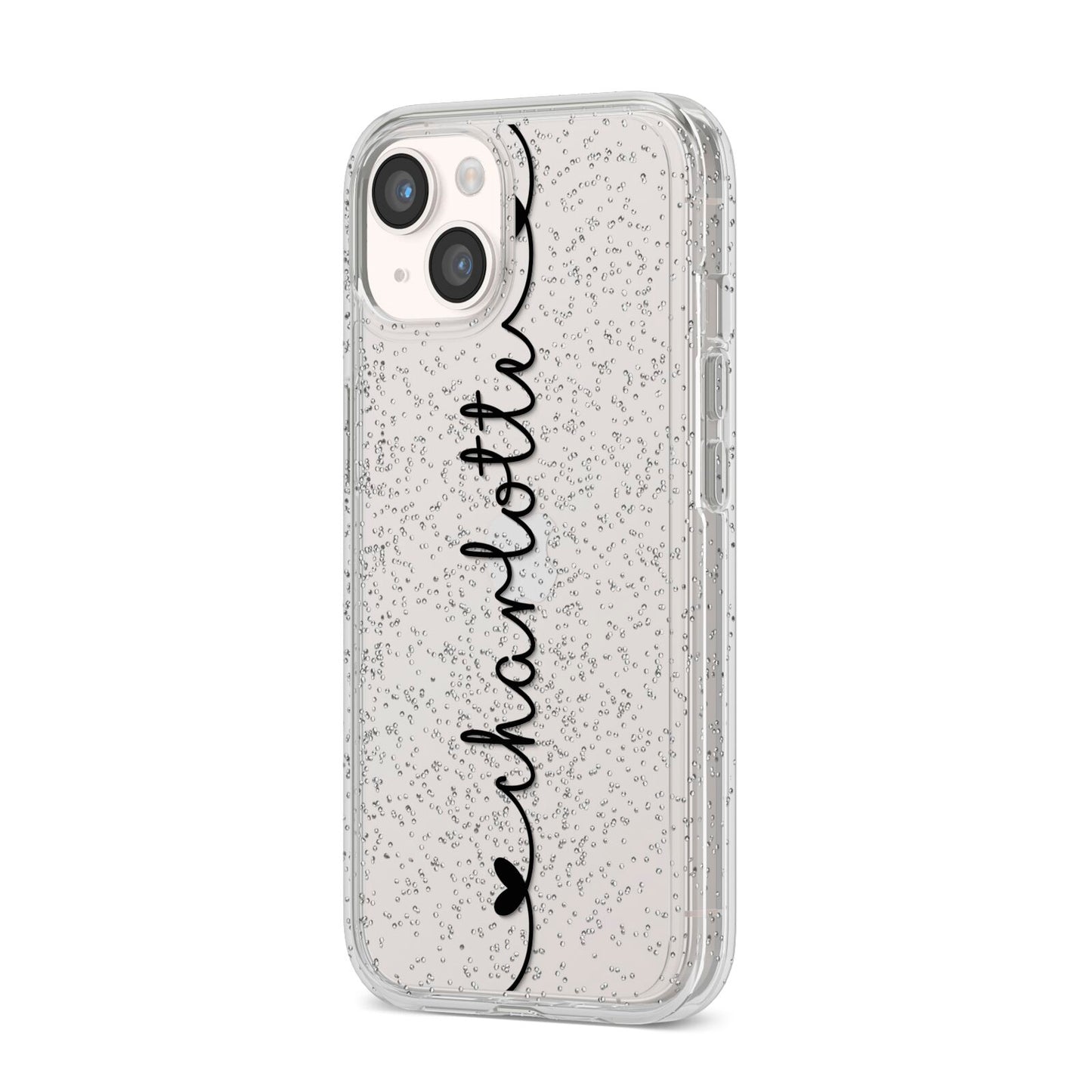 Personalised Black Handritten Name Vertical iPhone 14 Glitter Tough Case Starlight Angled Image