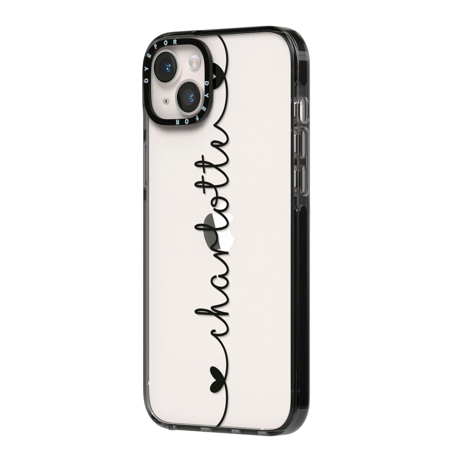 Personalised Black Handritten Name Vertical iPhone 14 Plus Black Impact Case Side Angle on Silver phone