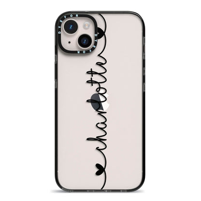 Personalised Black Handritten Name Vertical iPhone 14 Plus Black Impact Case on Silver phone