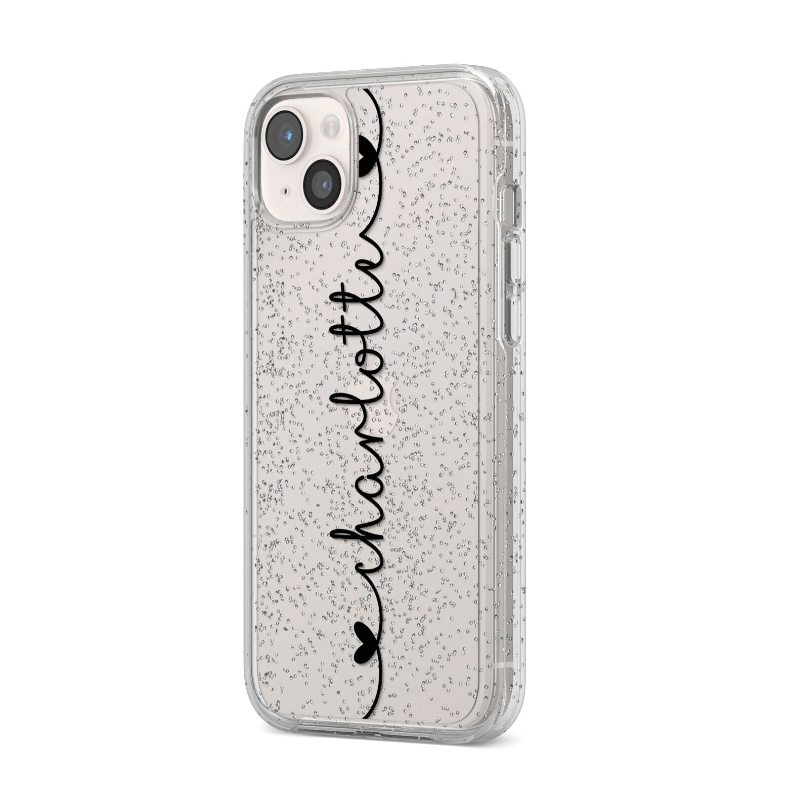 Personalised Black Handritten Name Vertical iPhone 14 Plus Glitter Tough Case Starlight Angled Image