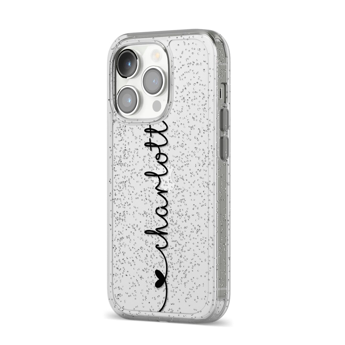 Personalised Black Handritten Name Vertical iPhone 14 Pro Glitter Tough Case Silver Angled Image