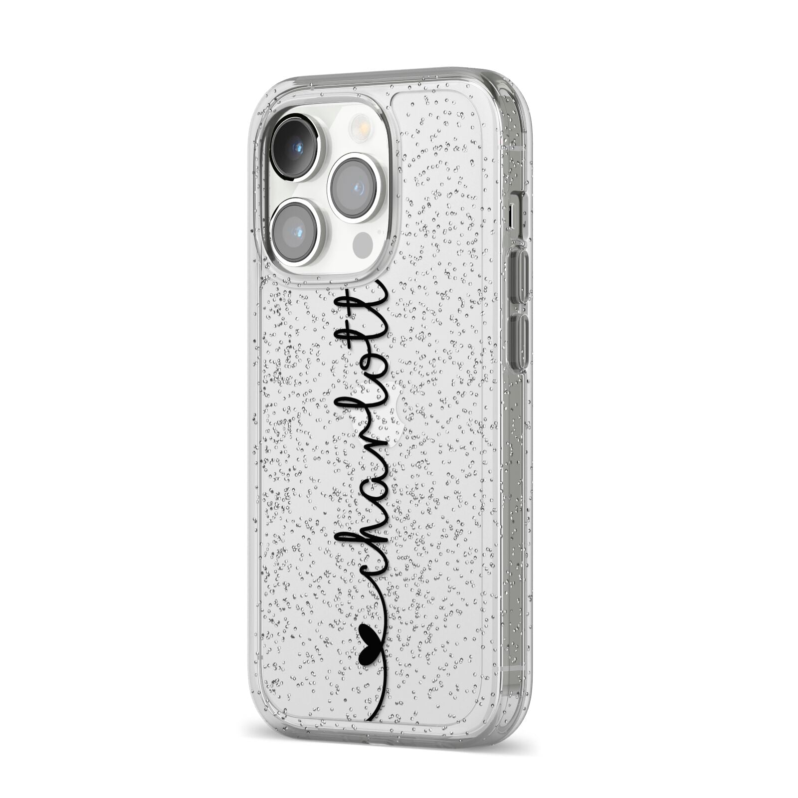 Personalised Black Handritten Name Vertical iPhone 14 Pro Glitter Tough Case Silver Angled Image
