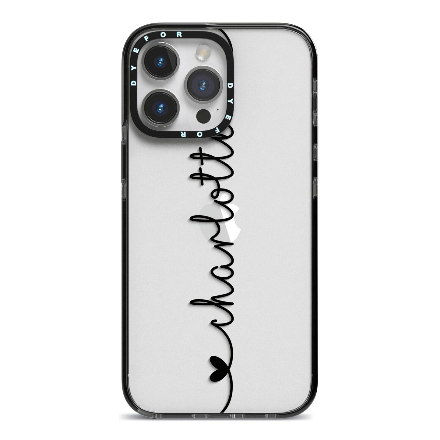 Personalised Black Handritten Name Vertical iPhone 14 Pro Max Black Impact Case on Silver phone