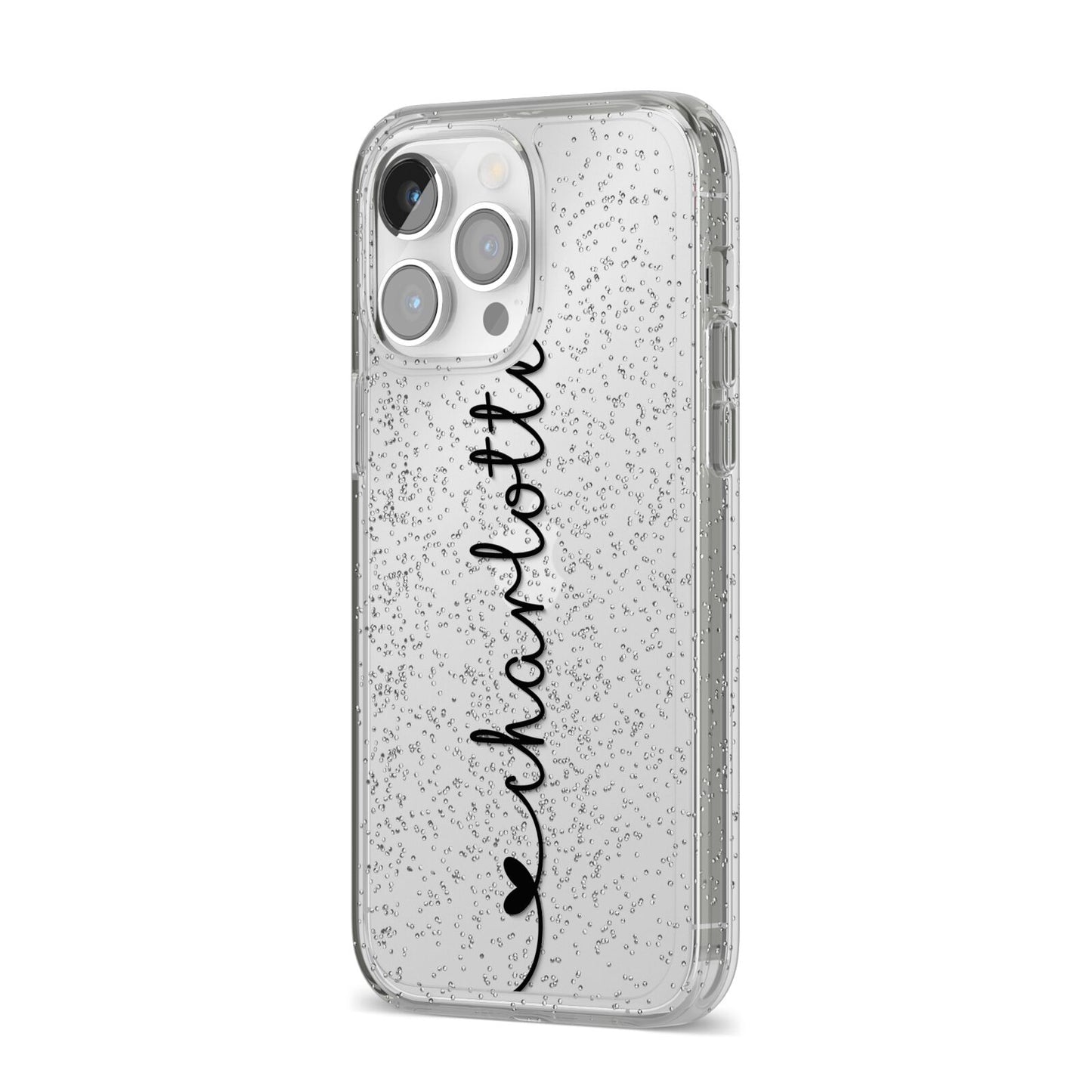 Personalised Black Handritten Name Vertical iPhone 14 Pro Max Glitter Tough Case Silver Angled Image
