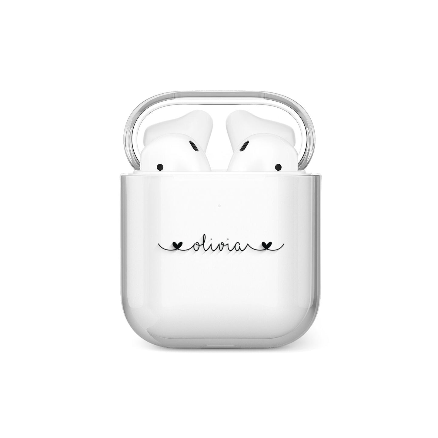 Personalised Black Handwritten Name Hearts Clear AirPods Case