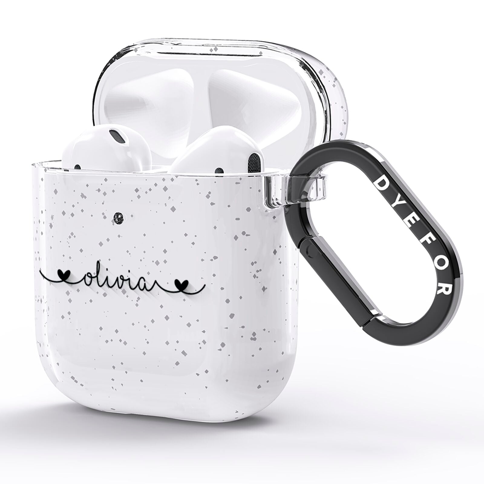 Personalised Black Handwritten Name Hearts Clear AirPods Glitter Case Side Image