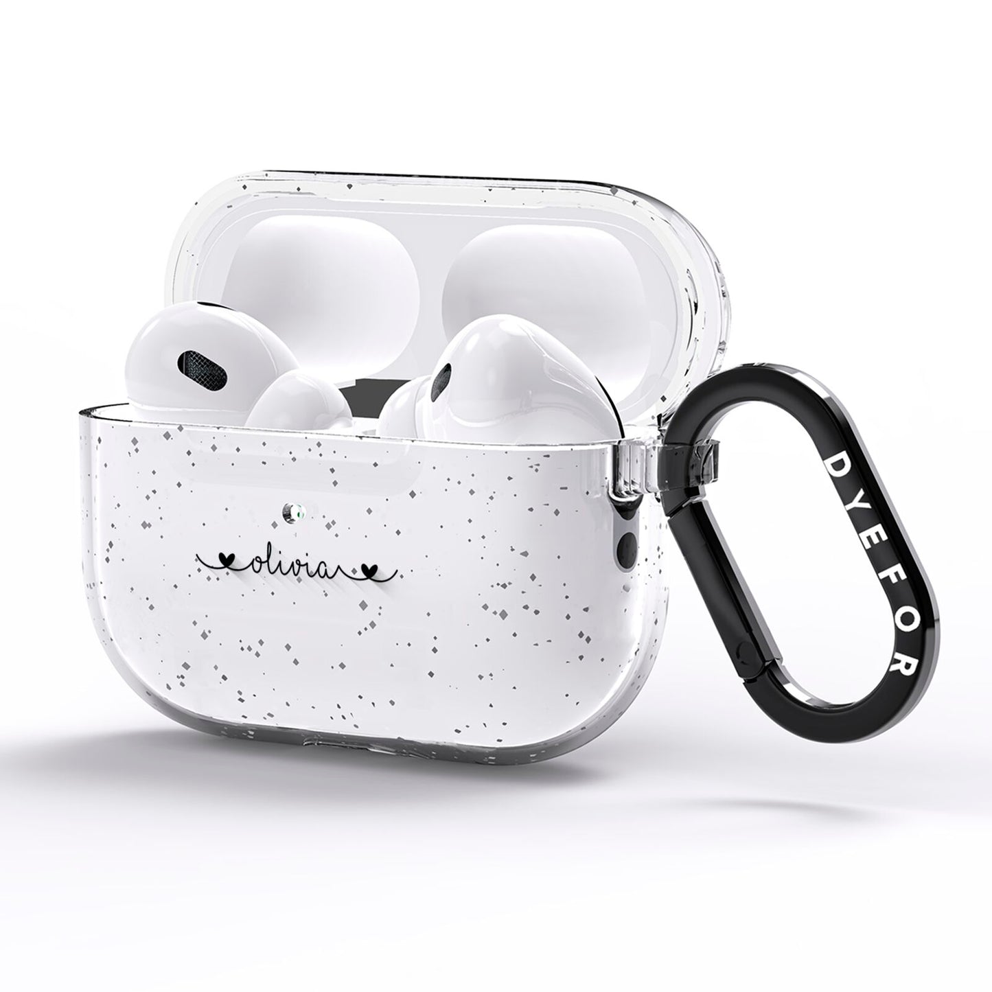 Personalised Black Handwritten Name Hearts Clear AirPods Pro Glitter Case Side Image