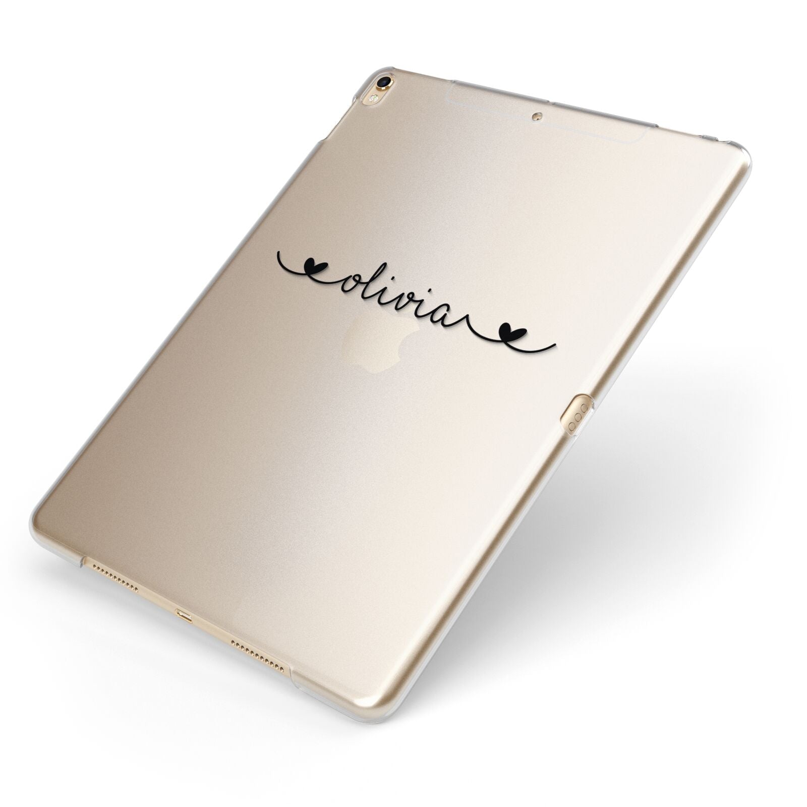 Personalised Black Handwritten Name Hearts Clear Apple iPad Case on Gold iPad Side View