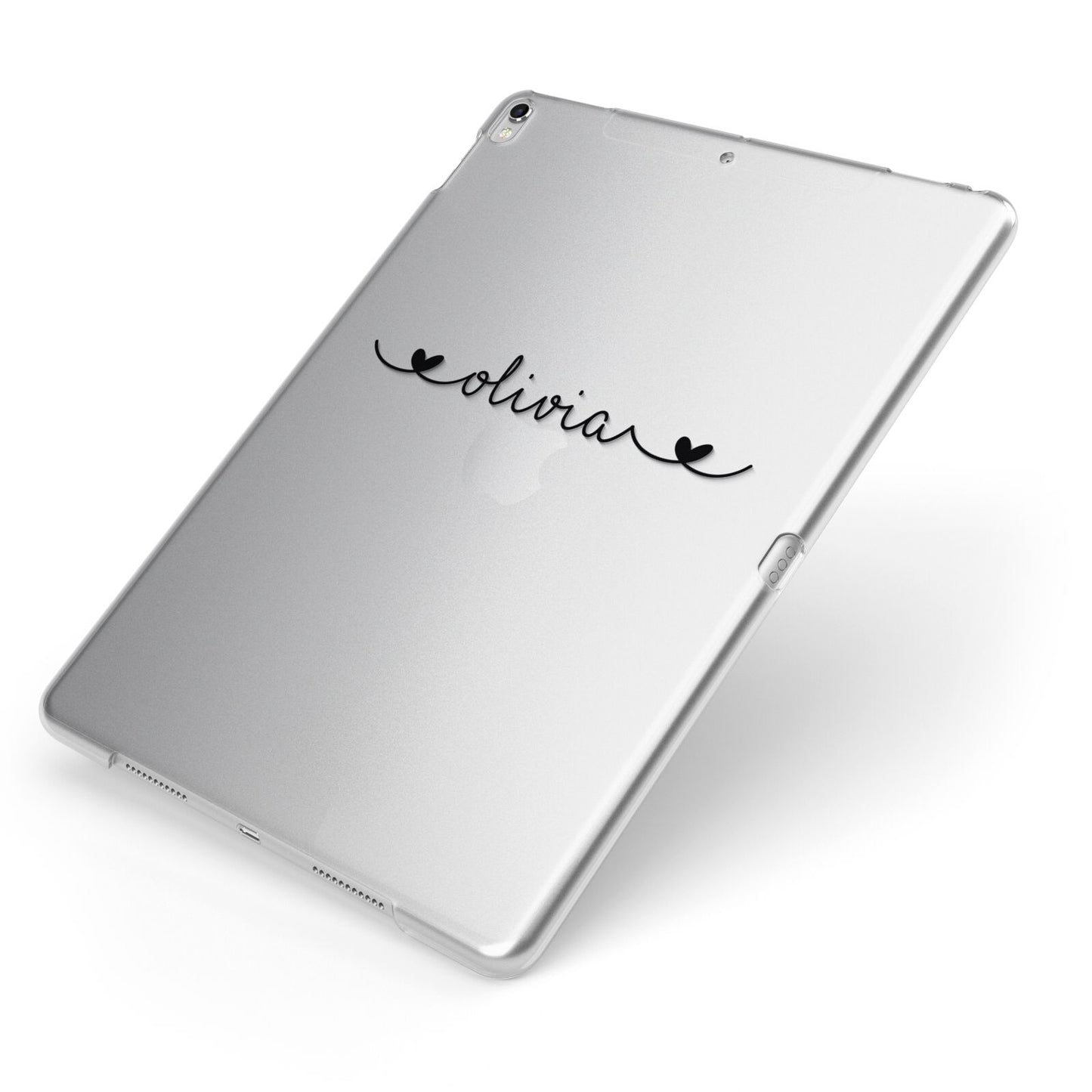 Personalised Black Handwritten Name Hearts Clear Apple iPad Case on Silver iPad Side View