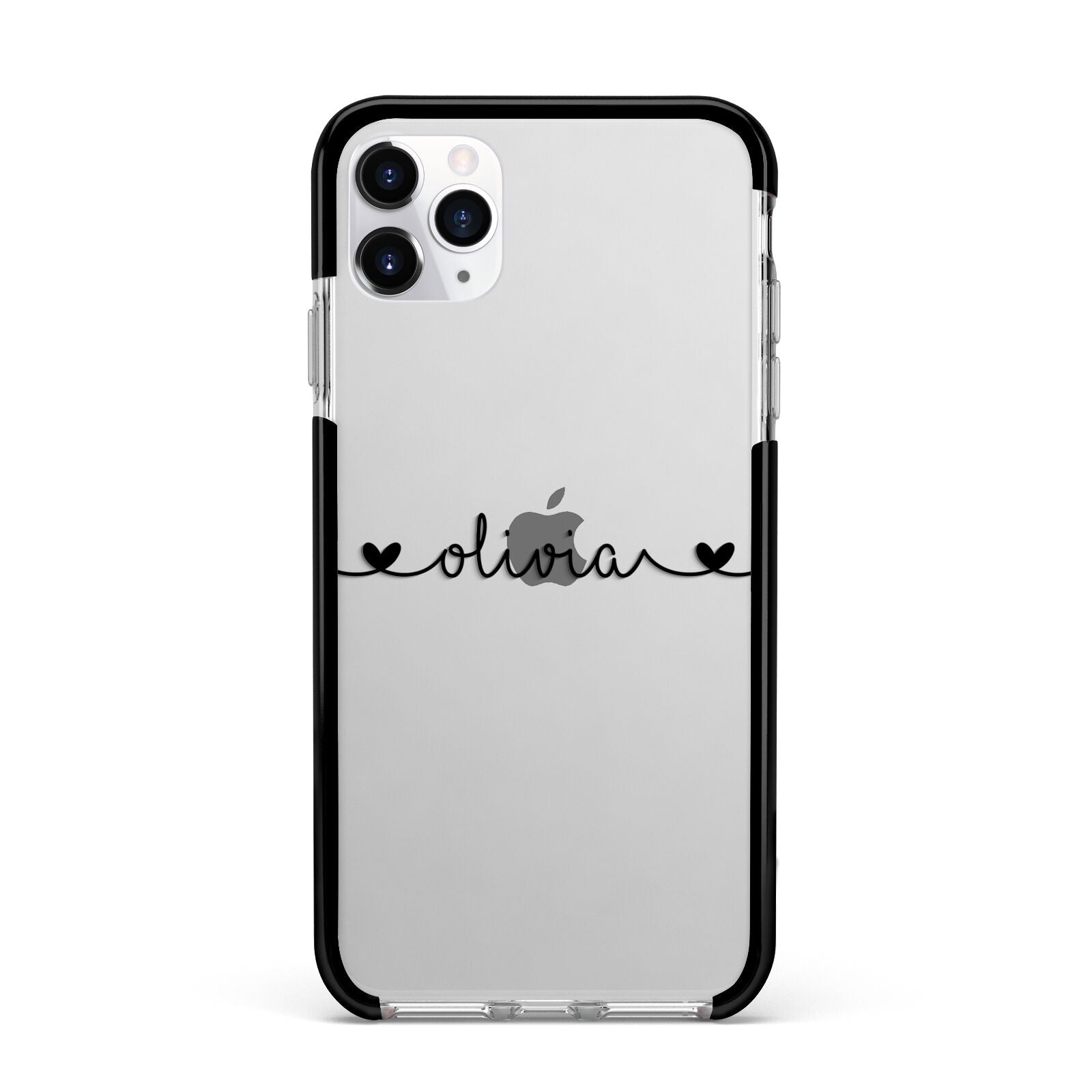 Personalised Black Handwritten Name Hearts Clear Apple iPhone 11 Pro Max in Silver with Black Impact Case