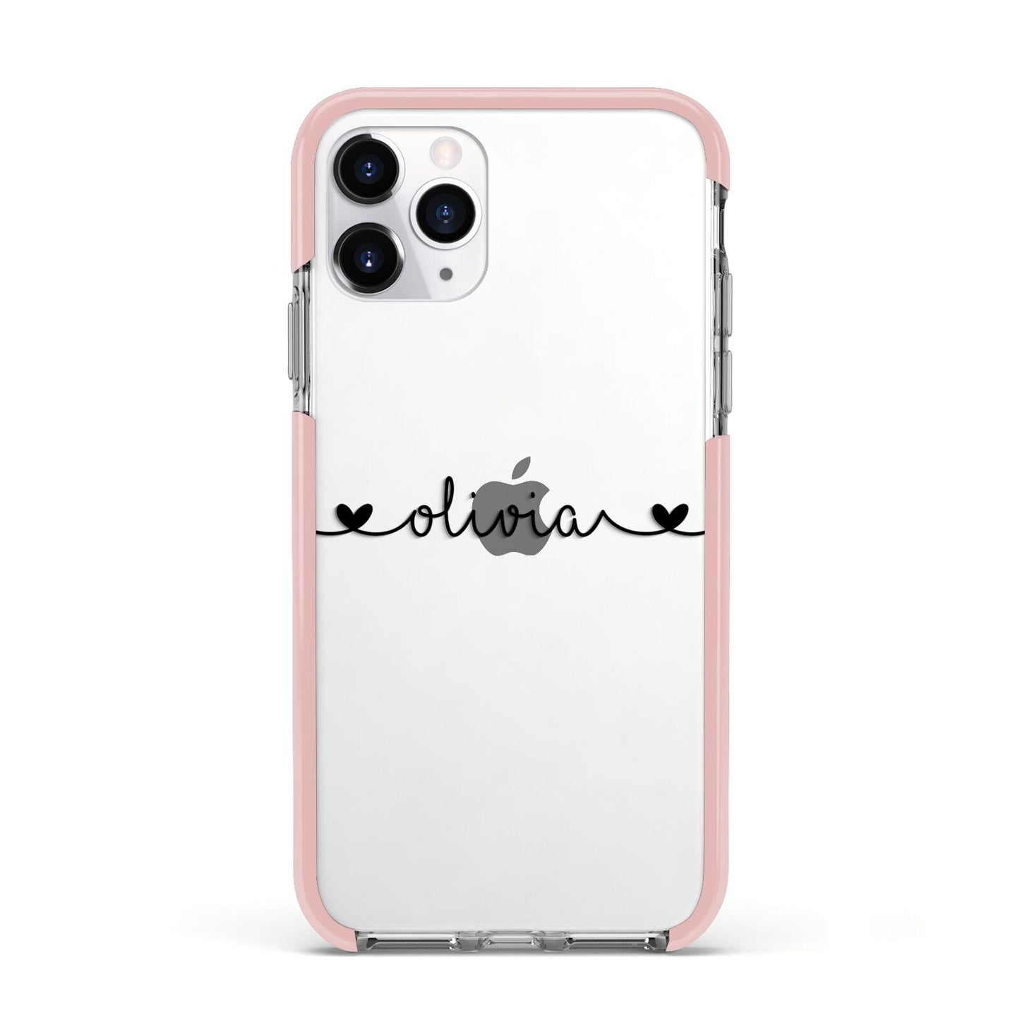 Personalised Black Handwritten Name Hearts Clear Apple iPhone 11 Pro in Silver with Pink Impact Case