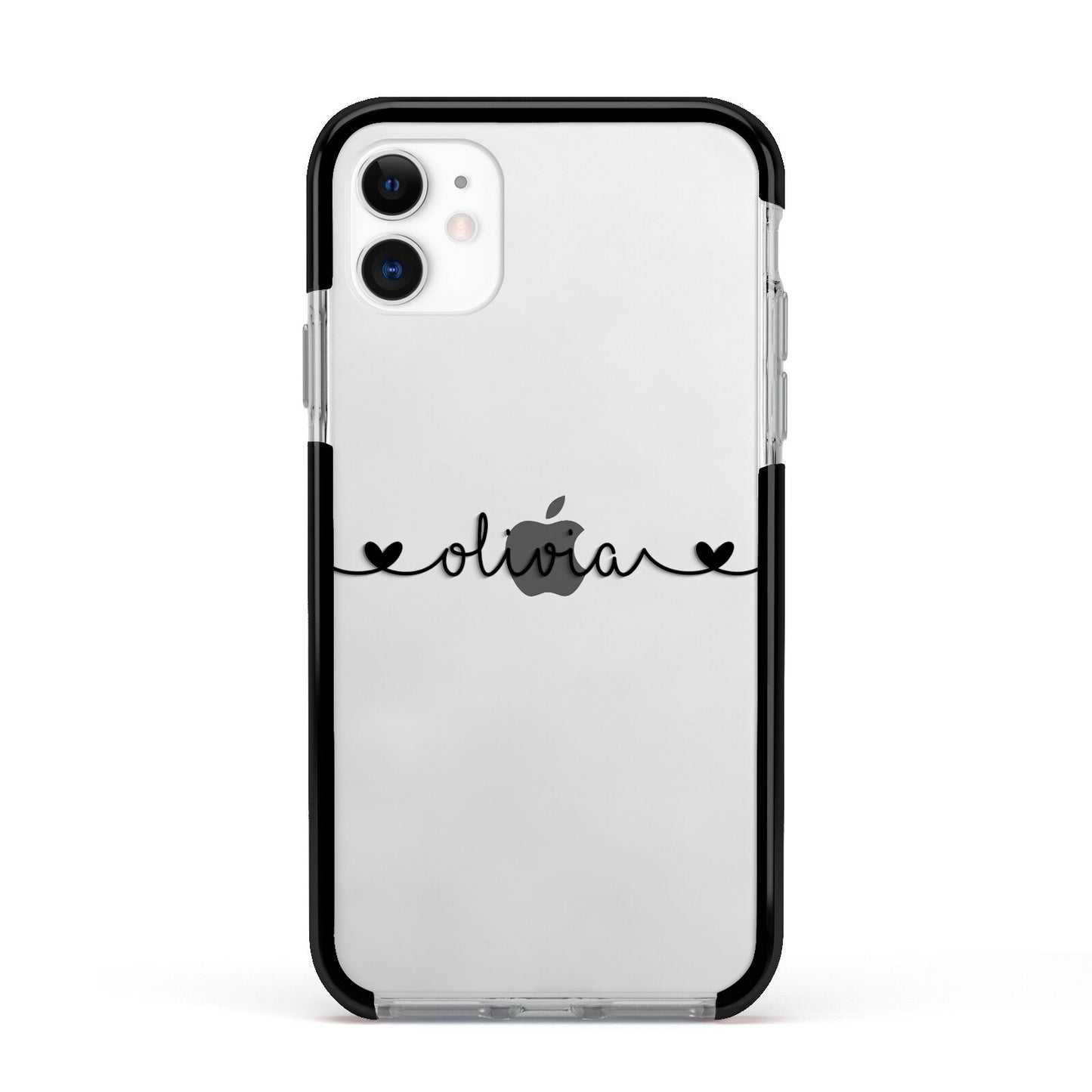 Personalised Black Handwritten Name Hearts Clear Apple iPhone 11 in White with Black Impact Case