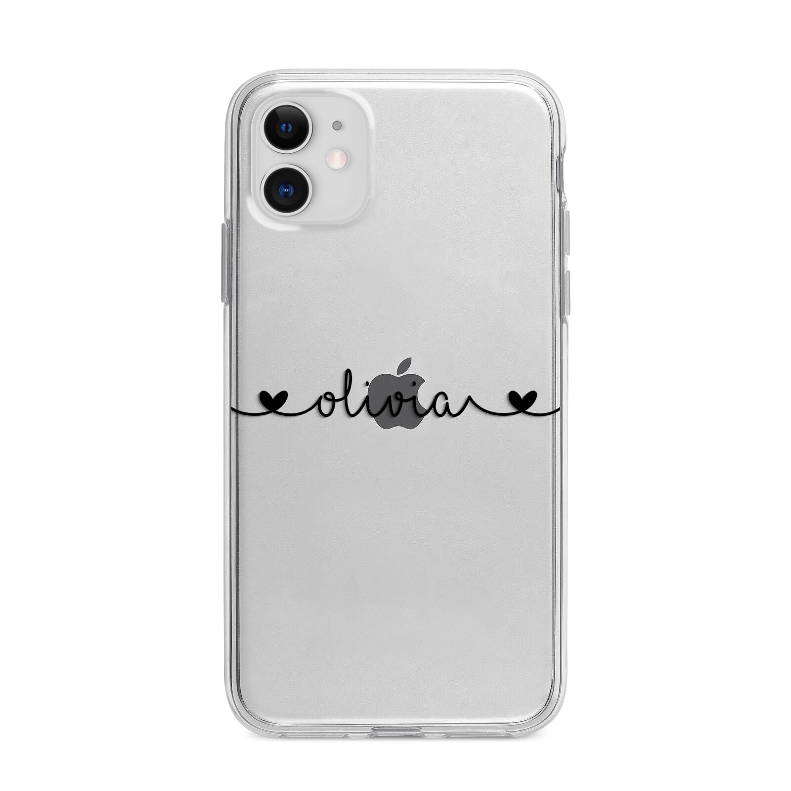 Personalised Black Handwritten Name Hearts Clear Apple iPhone 11 in White with Bumper Case
