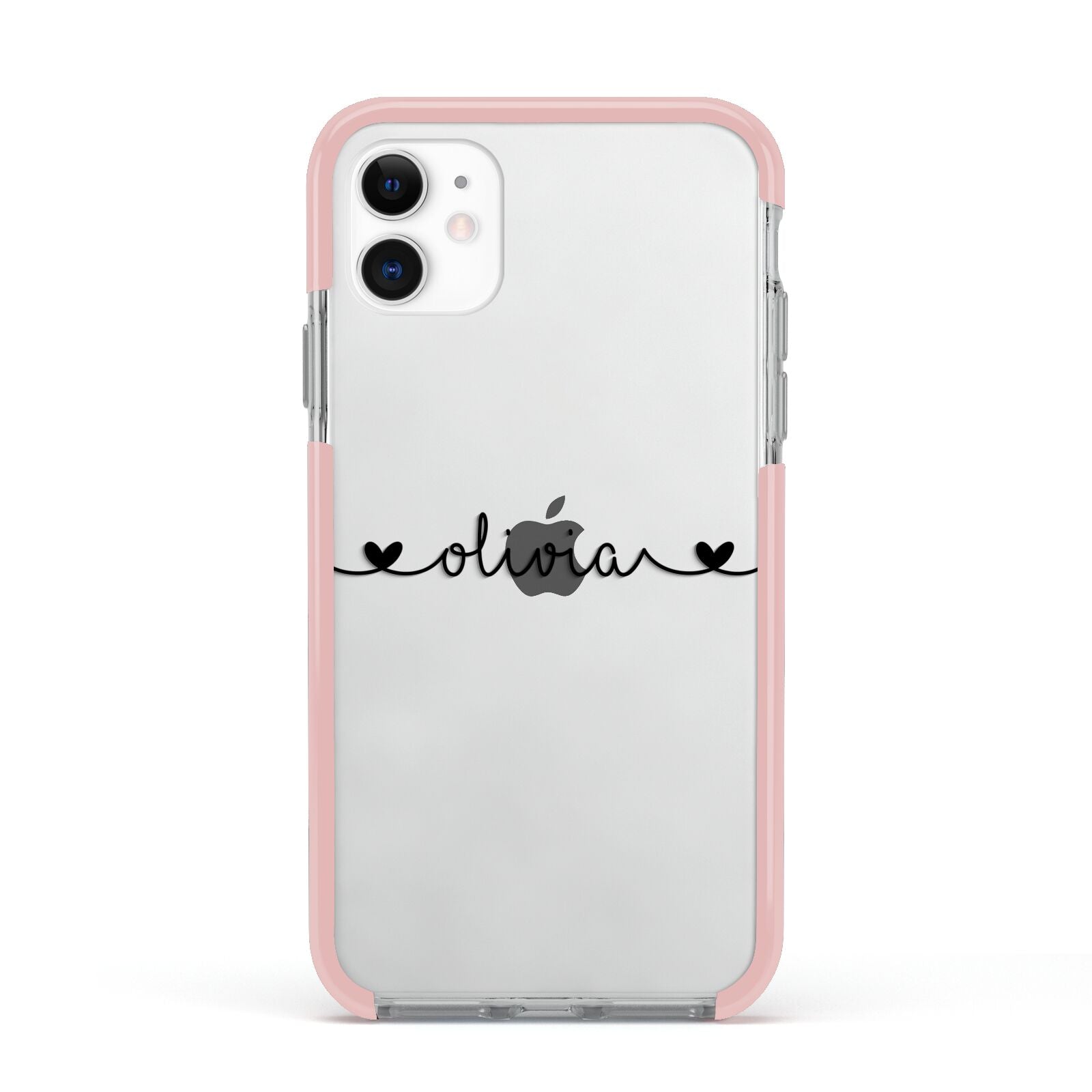 Personalised Black Handwritten Name Hearts Clear Apple iPhone 11 in White with Pink Impact Case