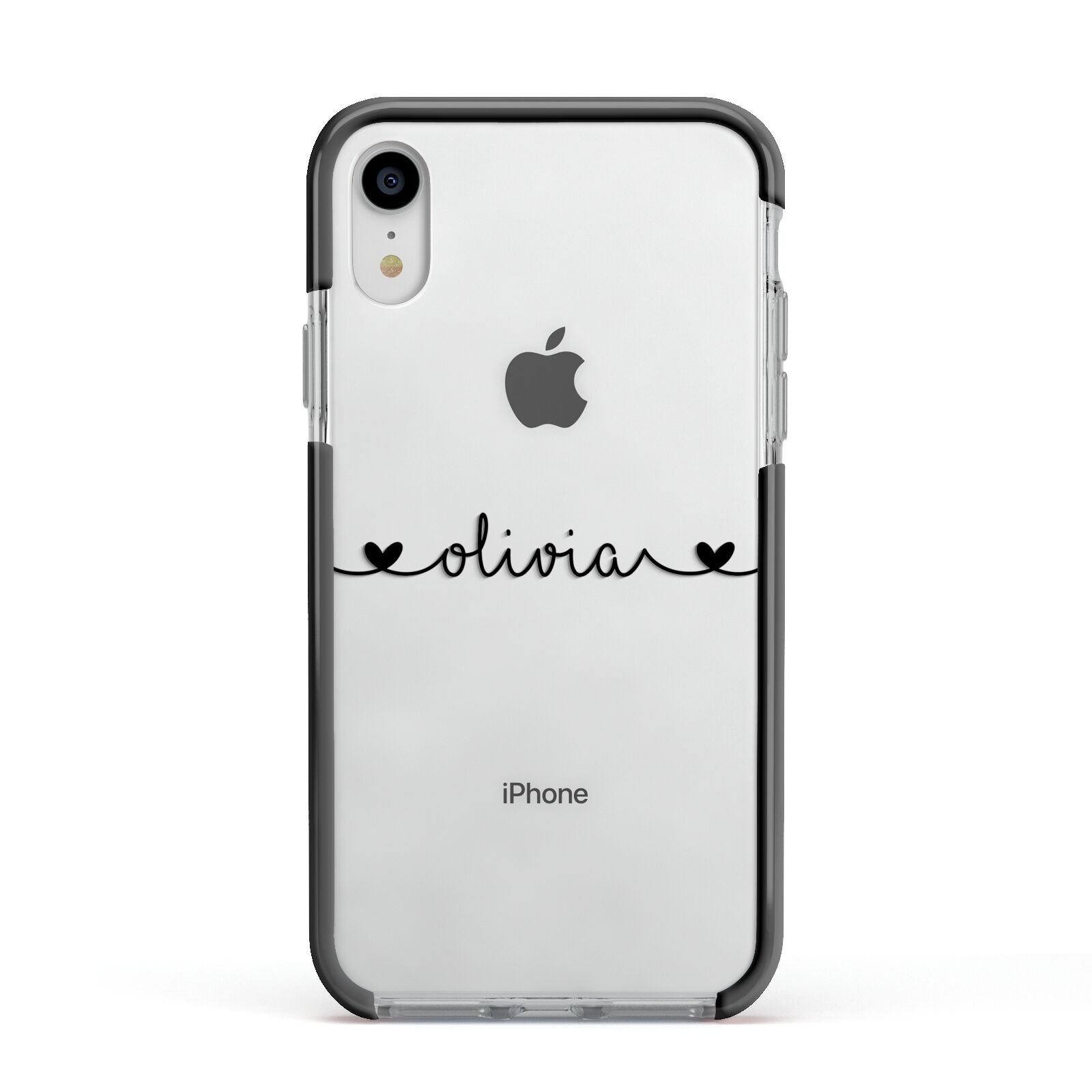 Personalised Black Handwritten Name Hearts Clear Apple iPhone XR Impact Case Black Edge on Silver Phone