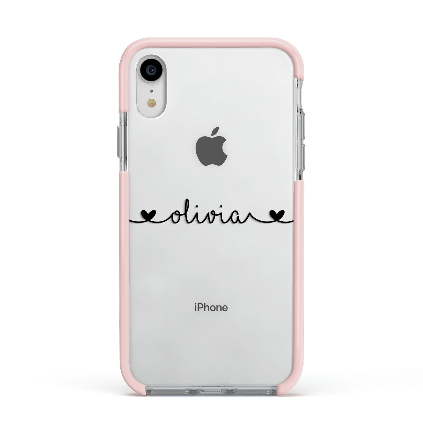 Personalised Black Handwritten Name Hearts Clear Apple iPhone XR Impact Case Pink Edge on Silver Phone
