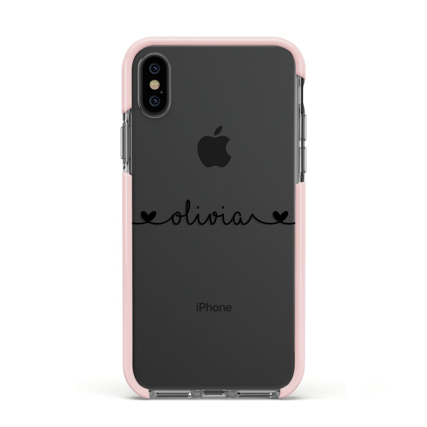 Personalised Black Handwritten Name Hearts Clear Apple iPhone Xs Impact Case Pink Edge on Black Phone