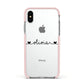 Personalised Black Handwritten Name Hearts Clear Apple iPhone Xs Impact Case Pink Edge on Silver Phone