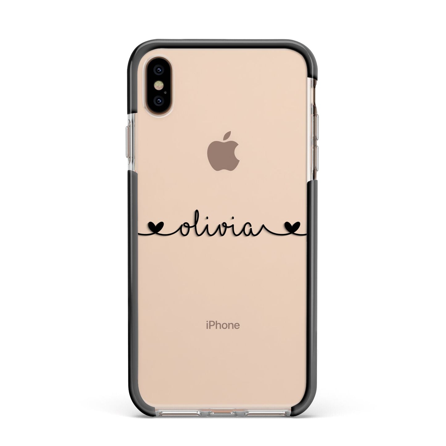 Personalised Black Handwritten Name Hearts Clear Apple iPhone Xs Max Impact Case Black Edge on Gold Phone