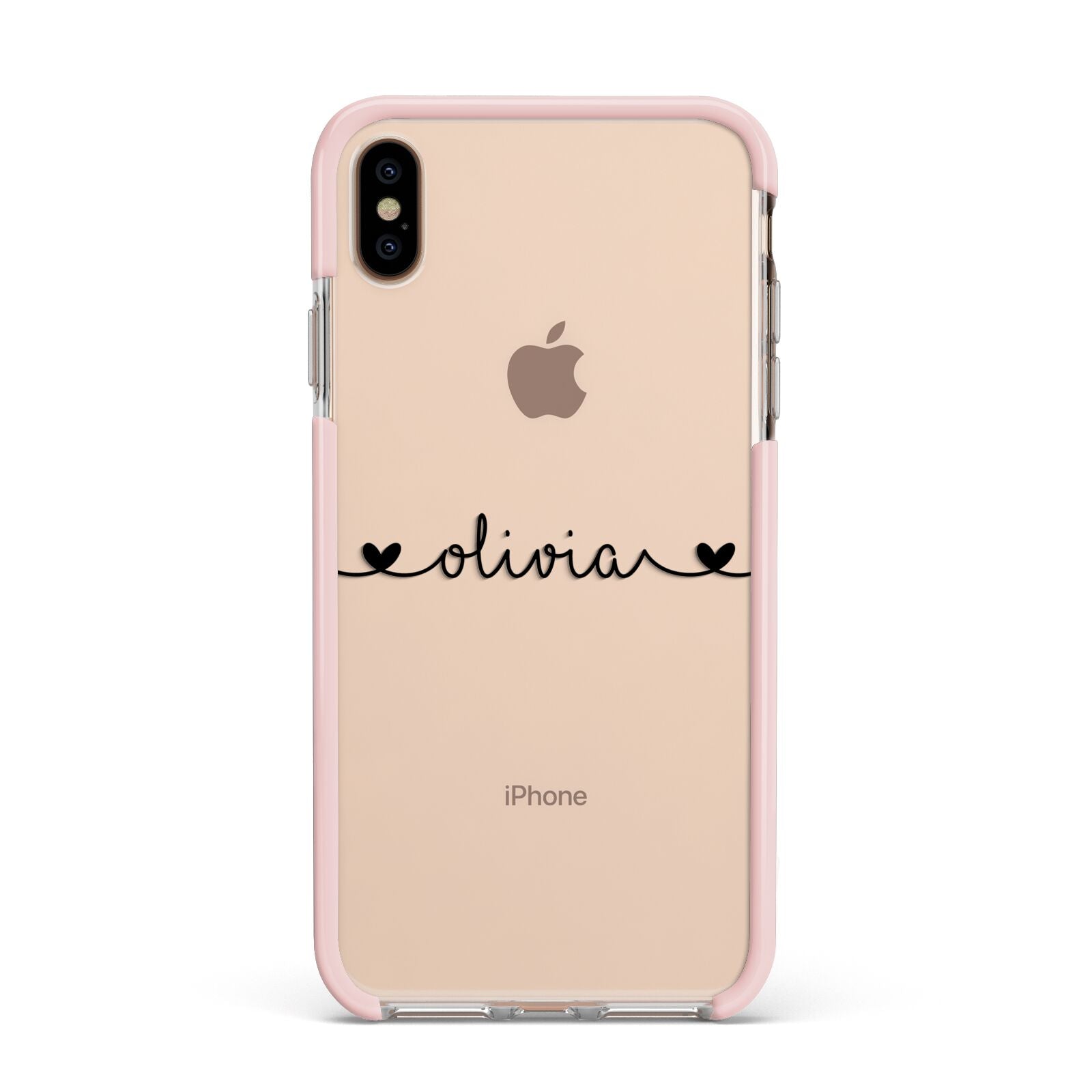 Personalised Black Handwritten Name Hearts Clear Apple iPhone Xs Max Impact Case Pink Edge on Gold Phone