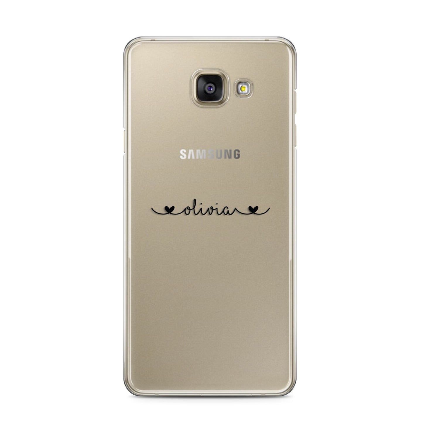 Personalised Black Handwritten Name Hearts Clear Samsung Galaxy A3 2016 Case on gold phone