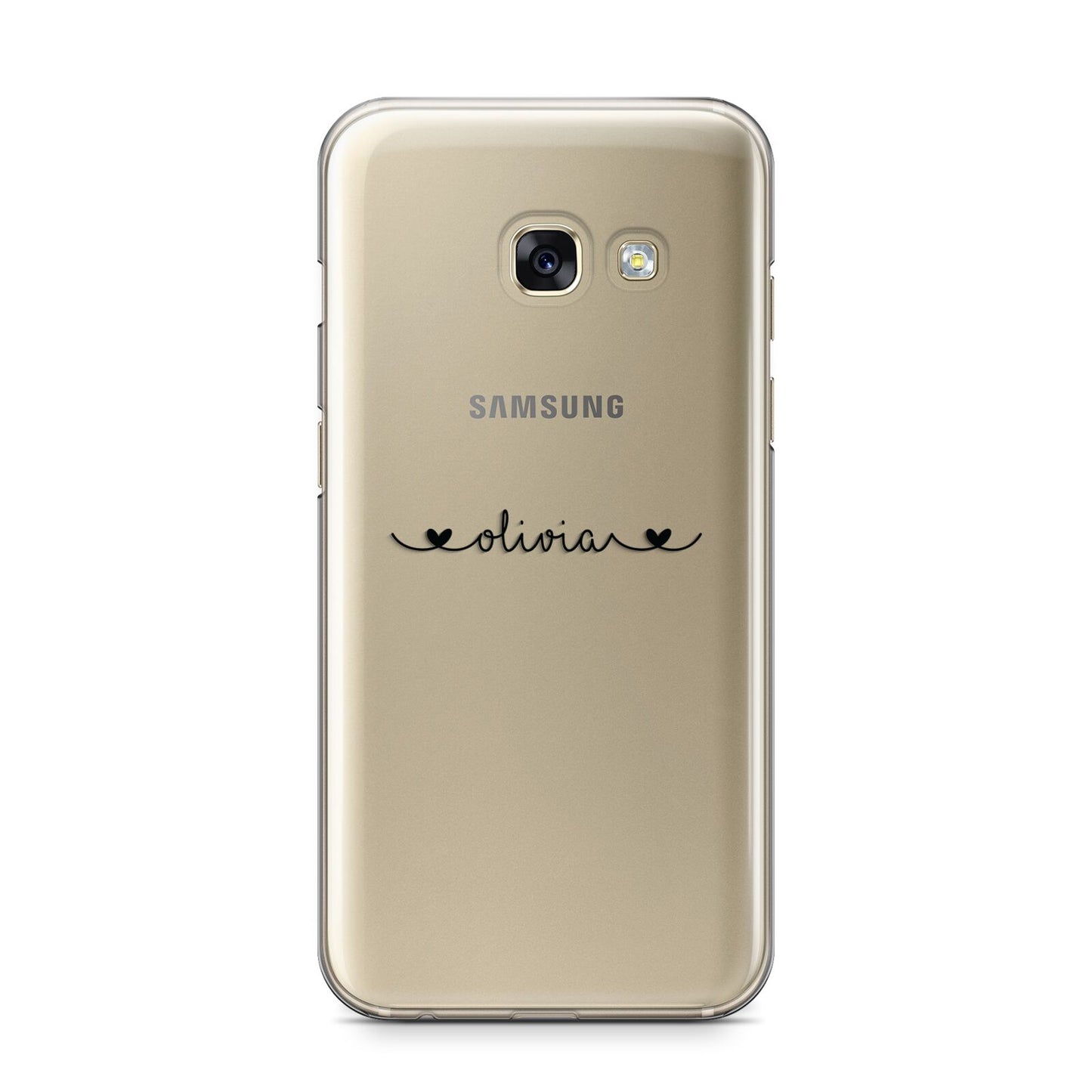 Personalised Black Handwritten Name Hearts Clear Samsung Galaxy A3 2017 Case on gold phone