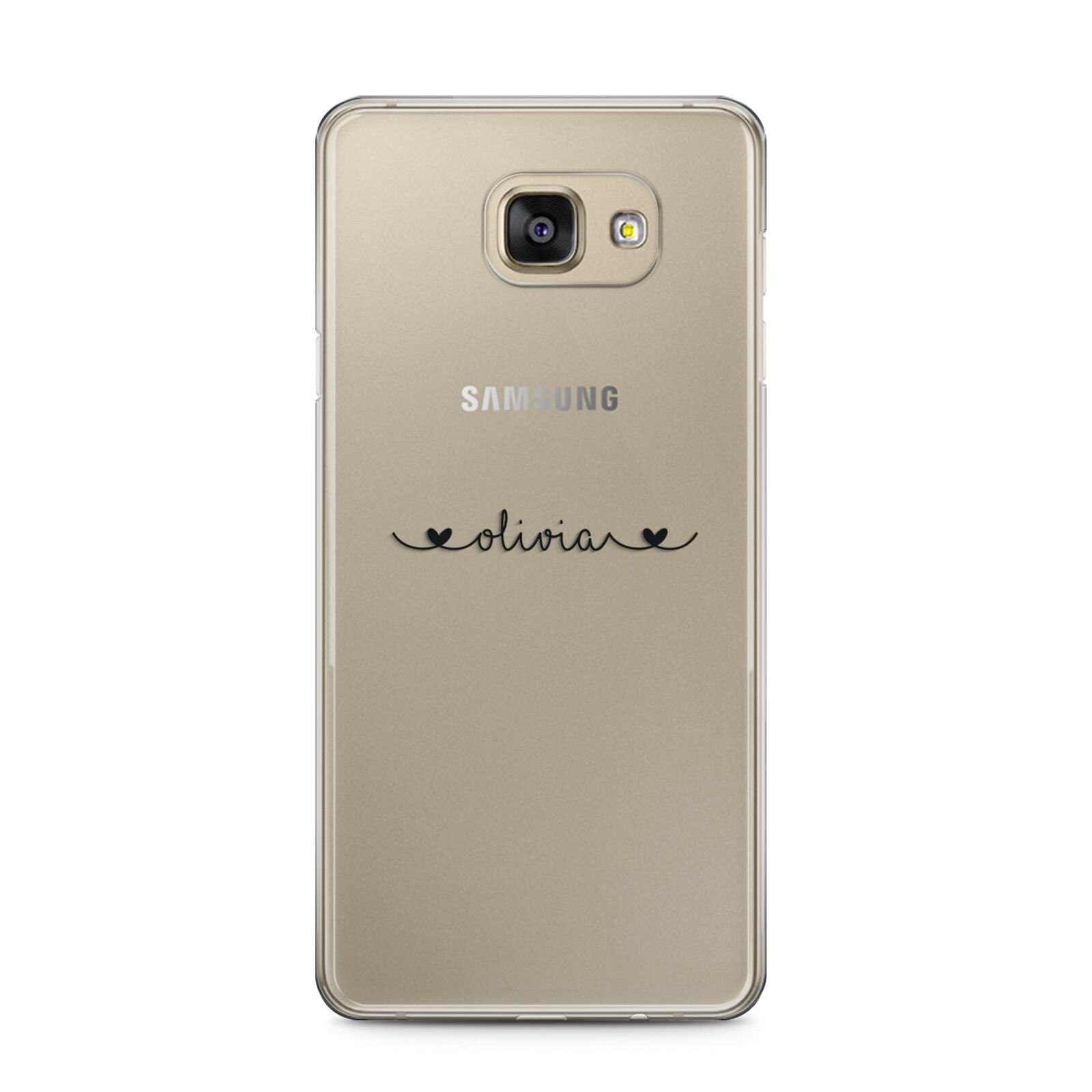 Personalised Black Handwritten Name Hearts Clear Samsung Galaxy A5 2016 Case on gold phone
