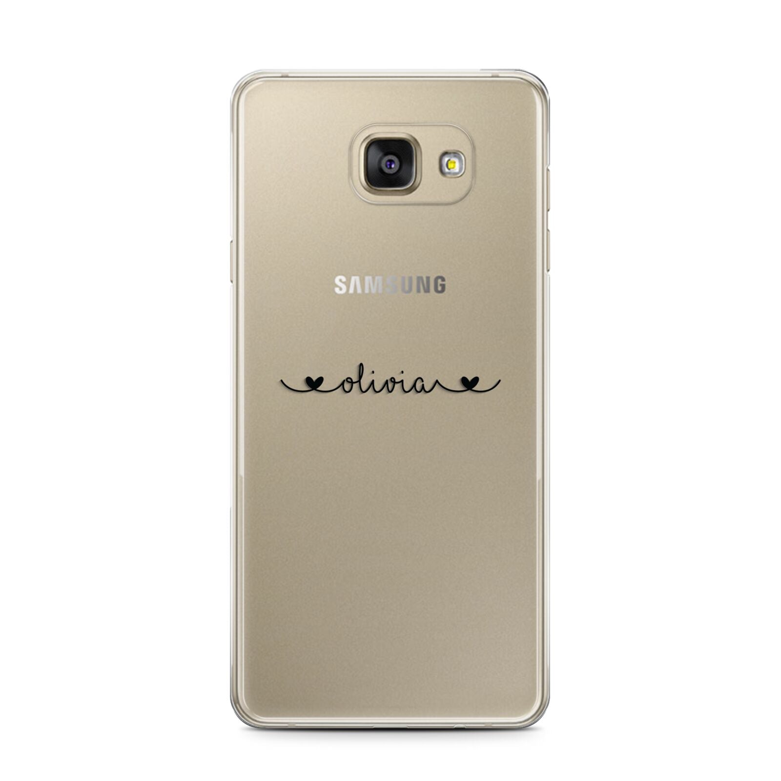 Personalised Black Handwritten Name Hearts Clear Samsung Galaxy A7 2016 Case on gold phone