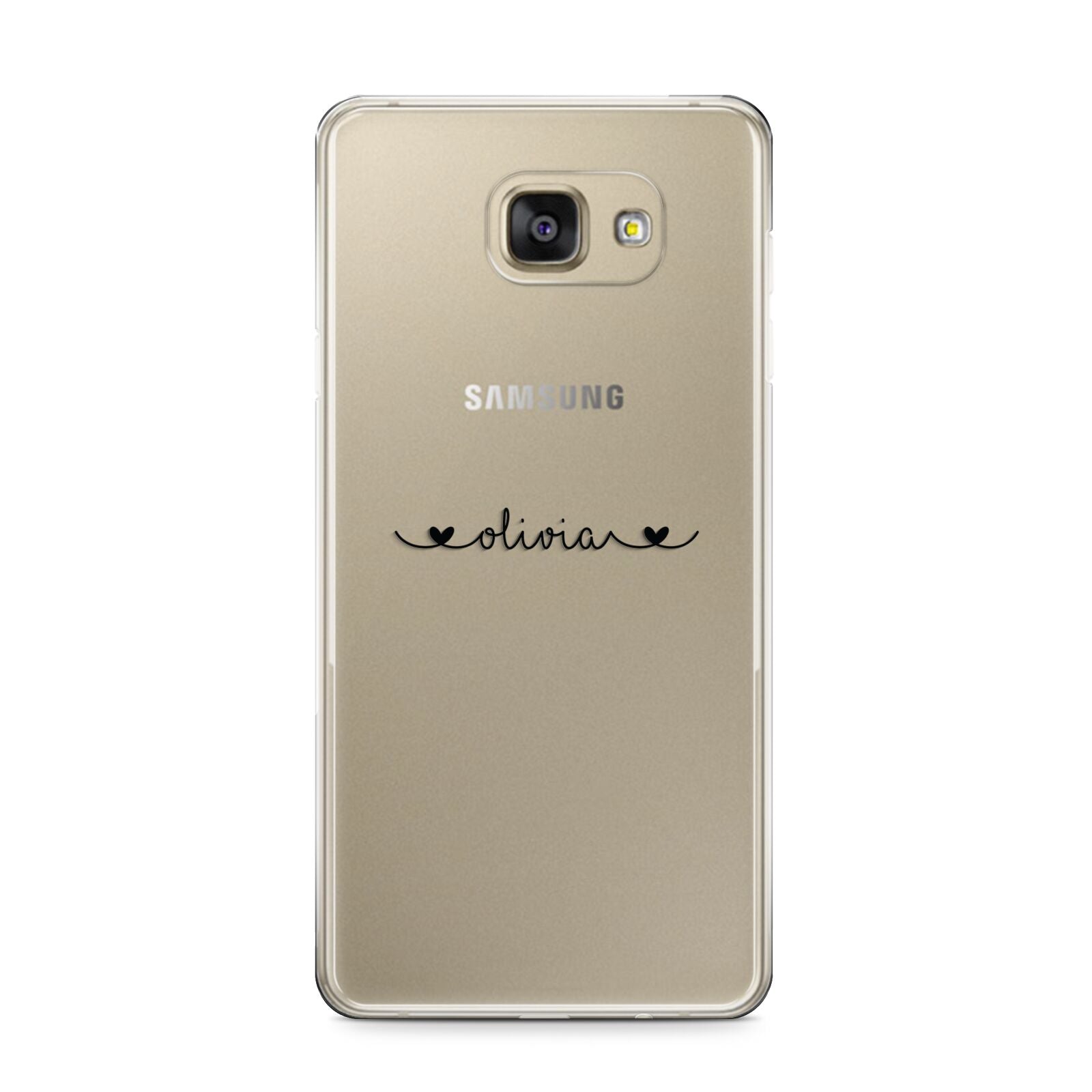 Personalised Black Handwritten Name Hearts Clear Samsung Galaxy A9 2016 Case on gold phone