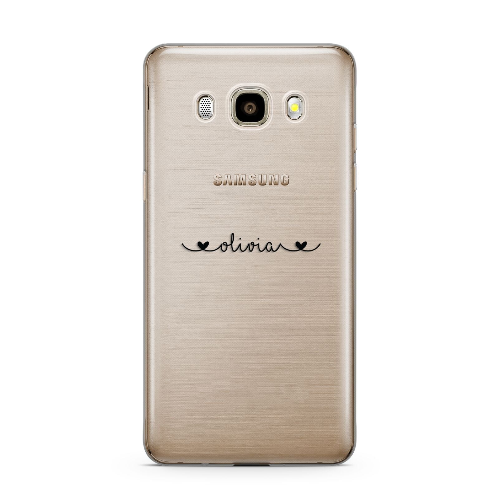 Personalised Black Handwritten Name Hearts Clear Samsung Galaxy J7 2016 Case on gold phone