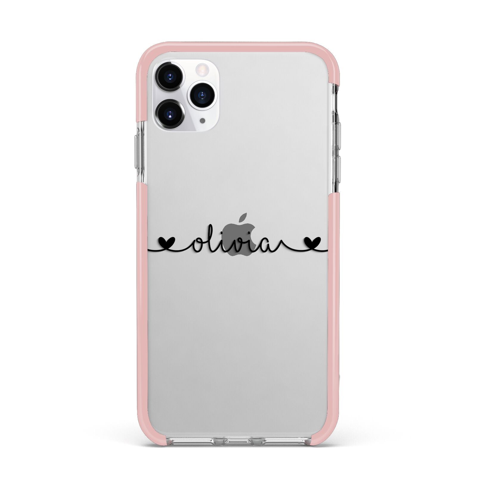 Personalised Black Handwritten Name Hearts Clear iPhone 11 Pro Max Impact Pink Edge Case
