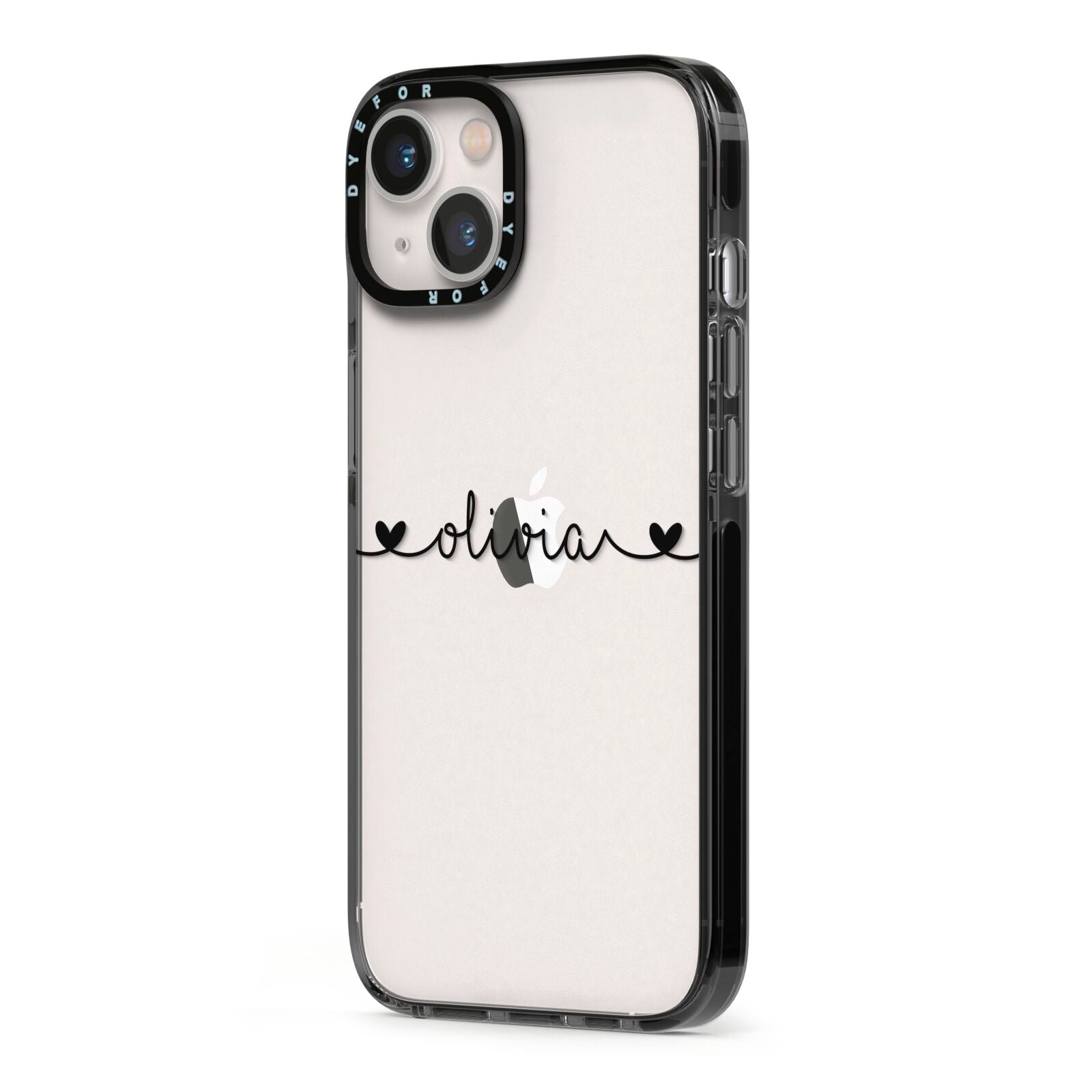 Personalised Black Handwritten Name Hearts Clear iPhone 13 Black Impact Case Side Angle on Silver phone