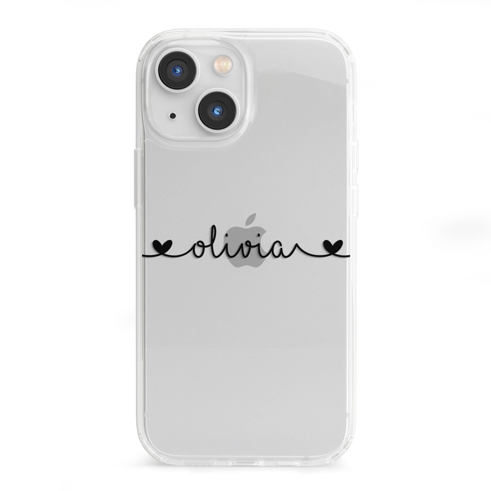Personalised Black Handwritten Name Hearts Clear iPhone 13 Mini Clear Bumper Case