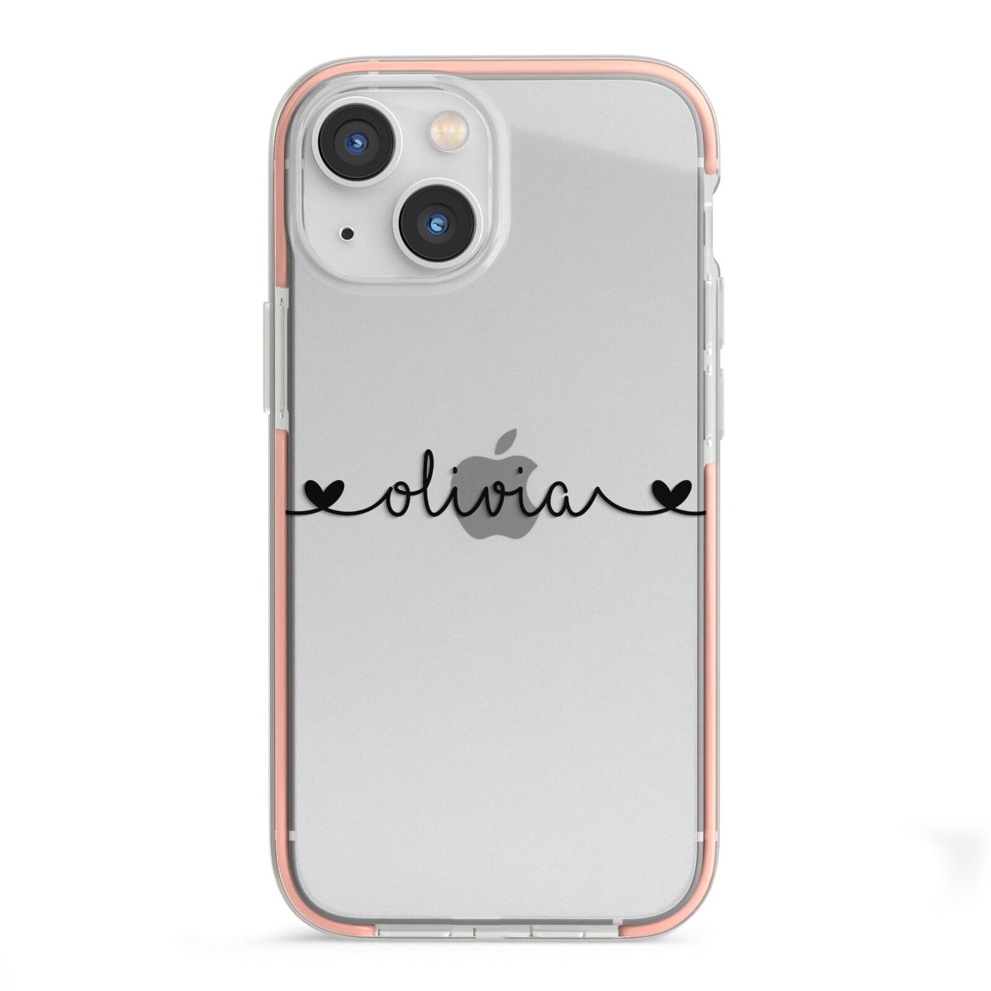 Personalised Black Handwritten Name Hearts Clear iPhone 13 Mini TPU Impact Case with Pink Edges