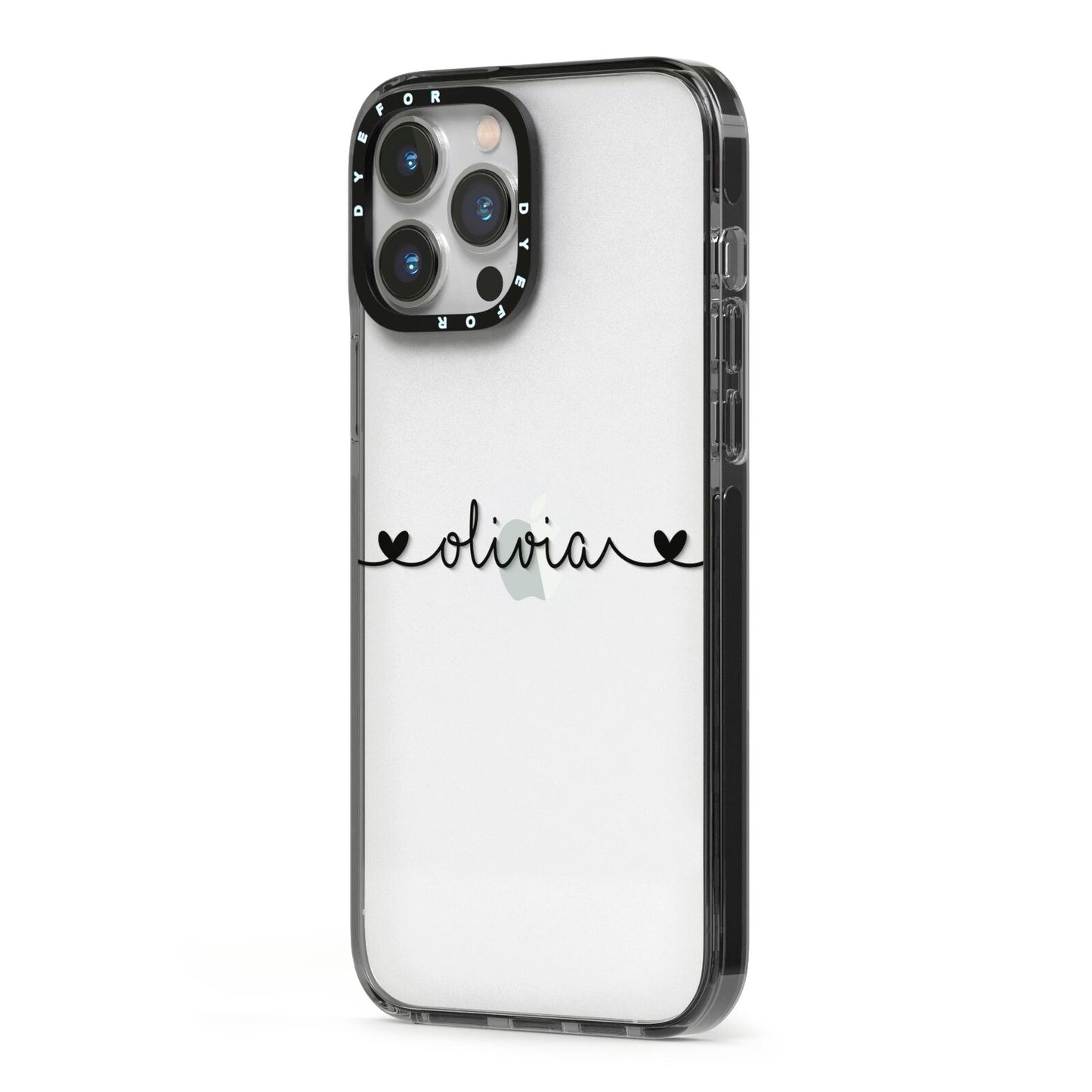 Personalised Black Handwritten Name Hearts Clear iPhone 13 Pro Max Black Impact Case Side Angle on Silver phone