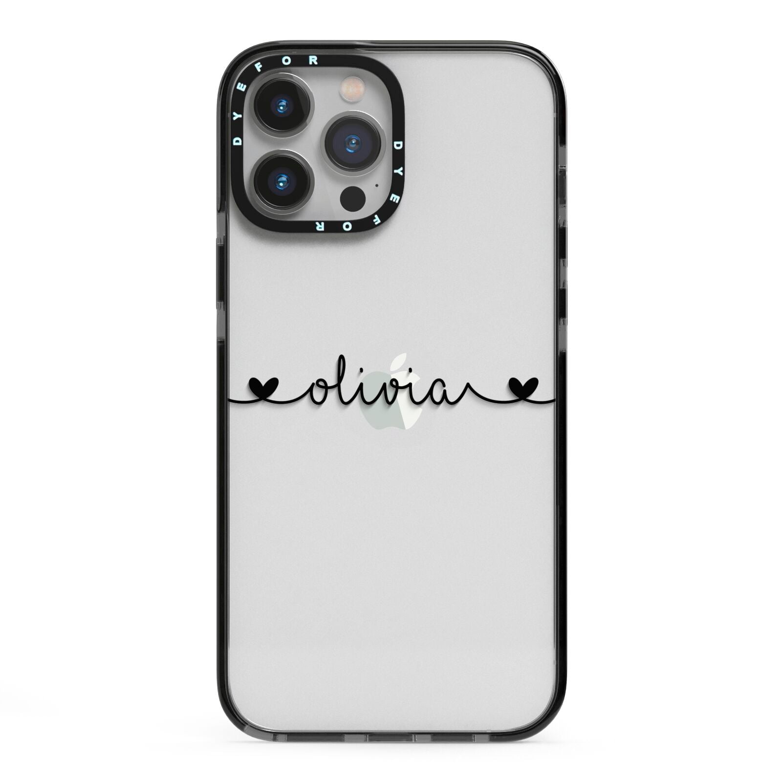 Personalised Black Handwritten Name Hearts Clear iPhone 13 Pro Max Black Impact Case on Silver phone