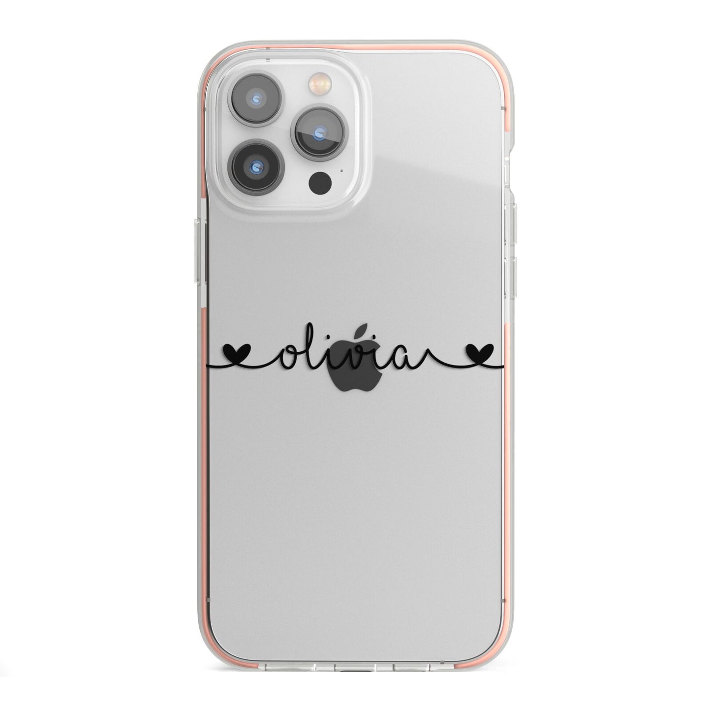 Personalised Black Handwritten Name Hearts Clear iPhone 13 Pro Max TPU Impact Case with Pink Edges