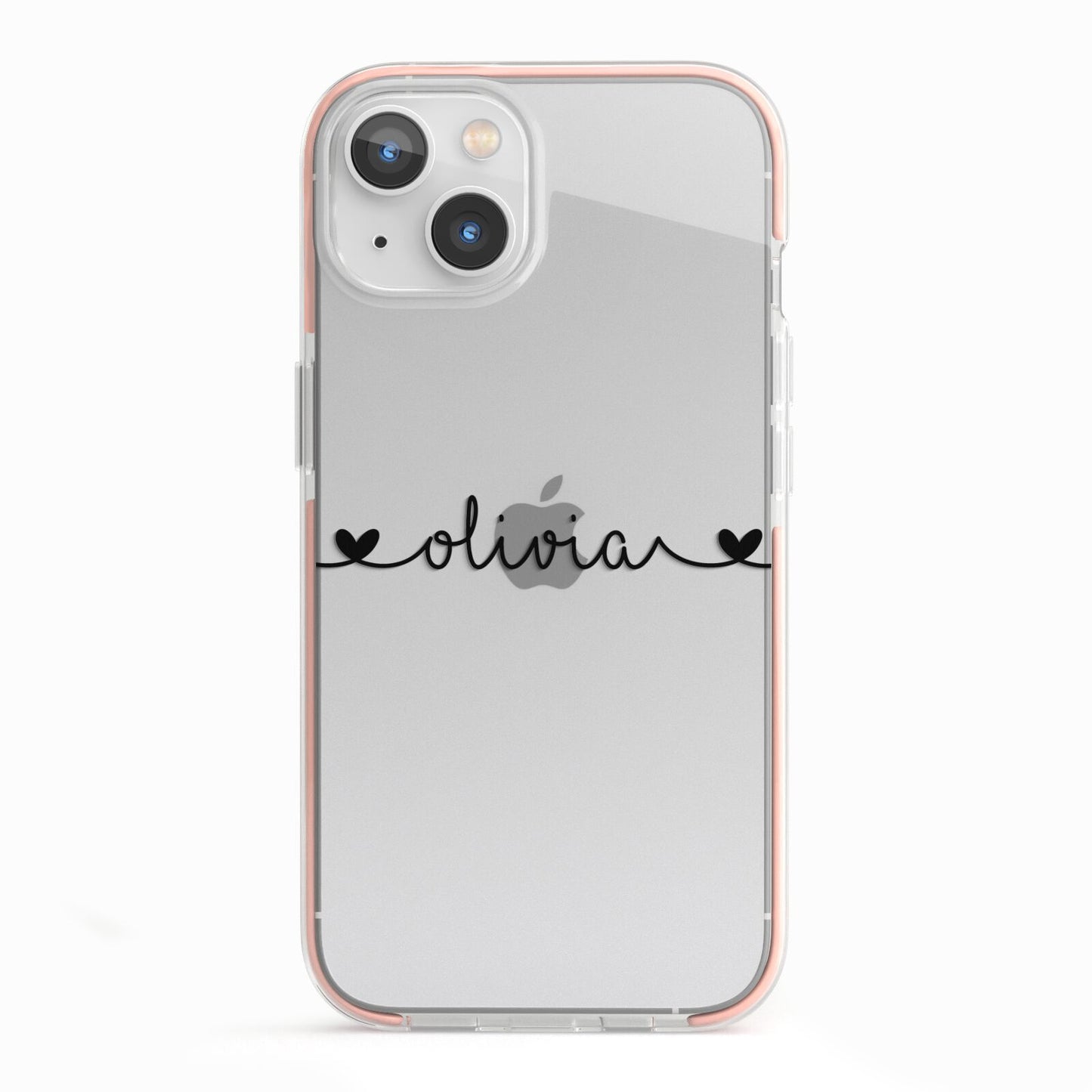 Personalised Black Handwritten Name Hearts Clear iPhone 13 TPU Impact Case with Pink Edges